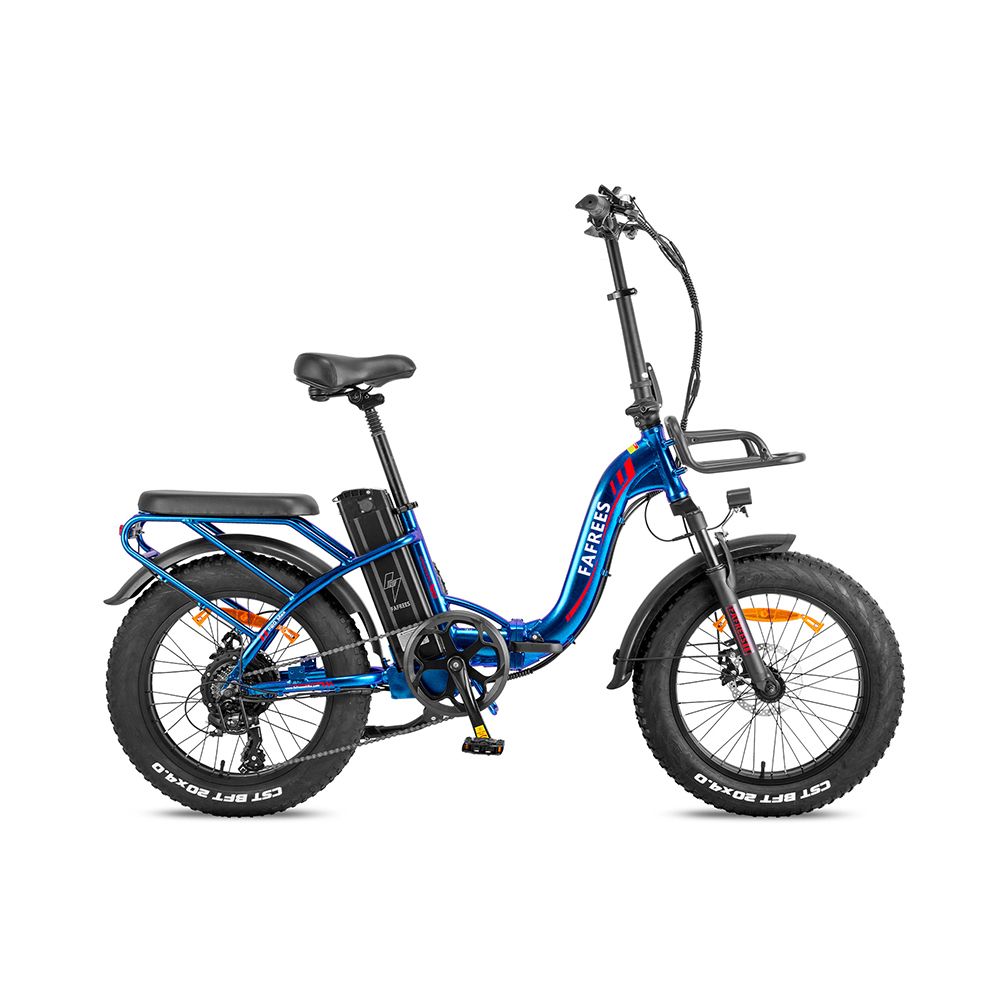 Blaues Fafrees F20 Max E-Bike. Schwarze Reifen, Gepäckträger, Frontkorb und Schutzbleche. Marke sichtbar.