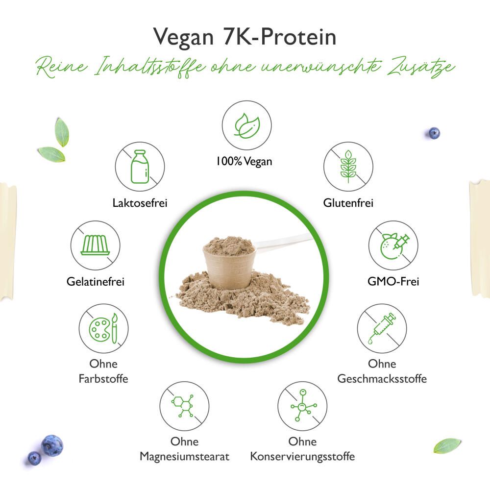 Infografik mit Inhaltsstoffen. 100% Vegan, laktosefrei, glutenfrei, ohne Farbstoffe, ohne Geschmacksstoffe, ohne Magnesiumstearat, ohne Konservierungsstoffe.