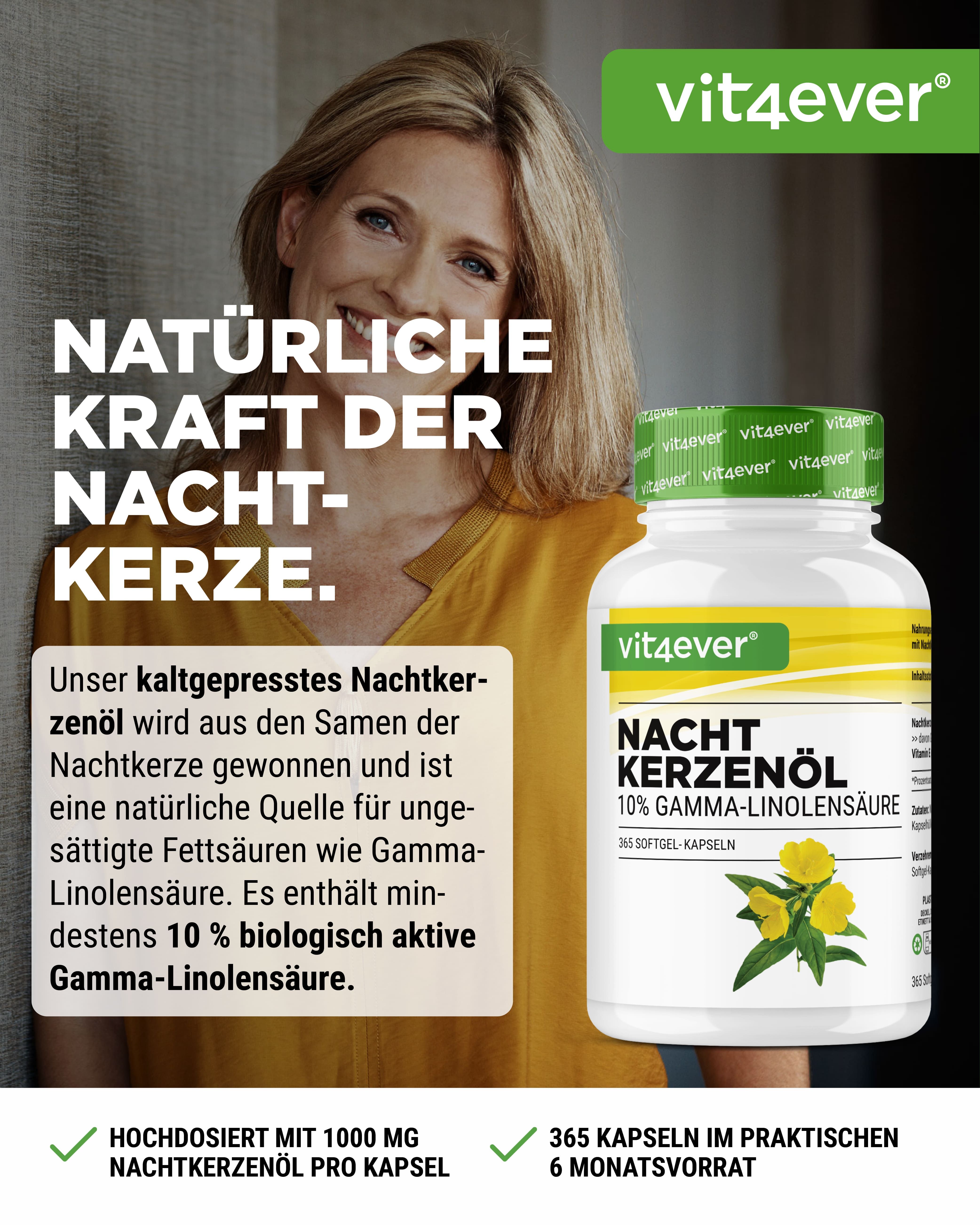 Frau mit Flasche "vit4ever Nachtkerzenöl". Flasche mit gelbem Etikett. Text: "Nachtkerzenöl".