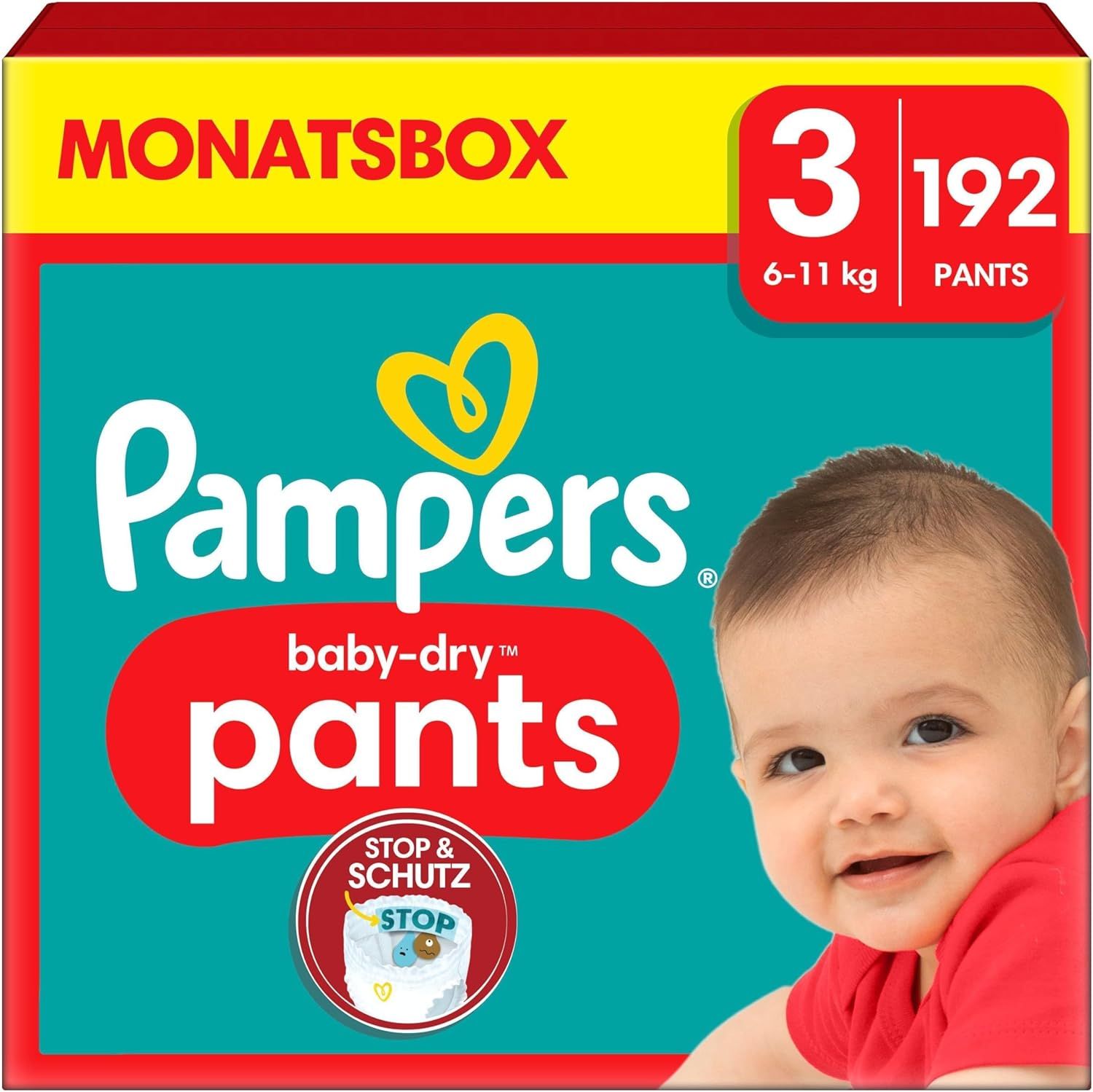 Pampers Baby-Dry Pants, Größe 3, Packung mit 192 Stück. Aufdruck: 6-11 kg. Baby mit rotem Shirt.