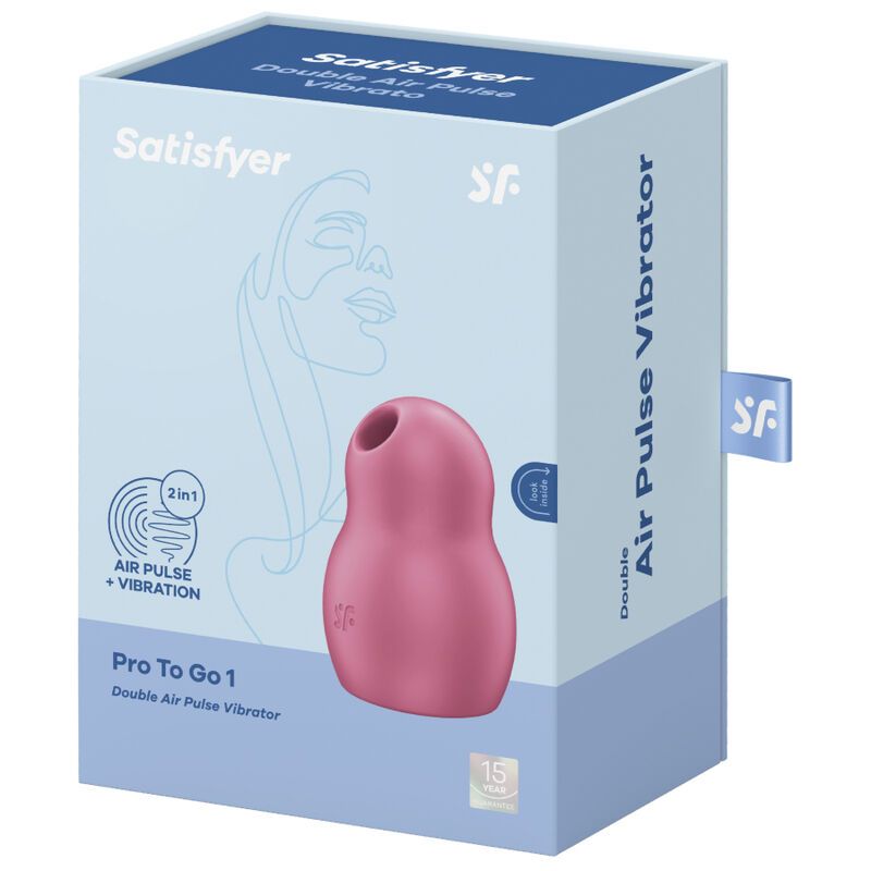 Verpackung des Satisfyer Pro To Go 1 mit pinkem Vibrator und Produktinformationen.