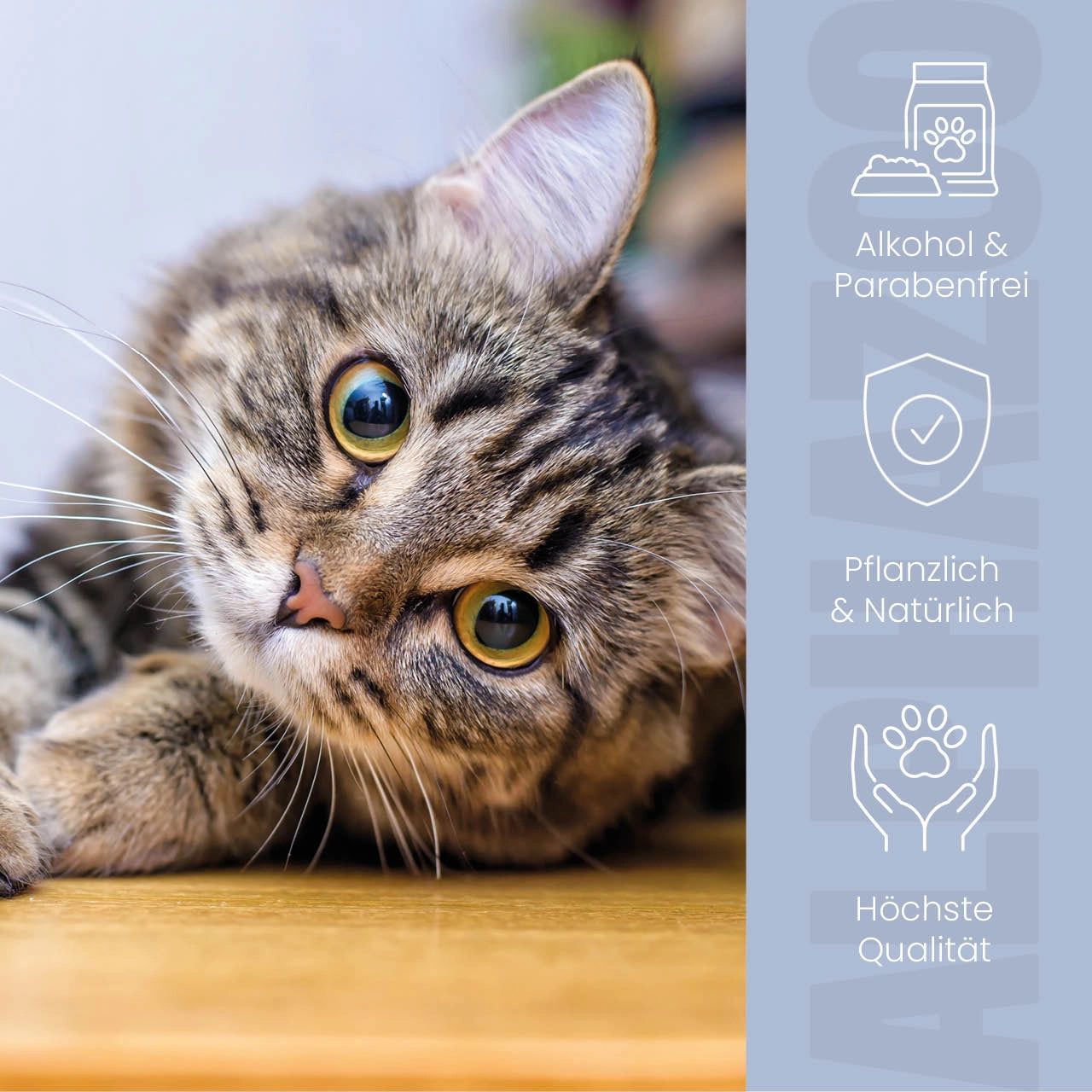 Katze liegt auf Tisch. Text: Alkohol & Parabenfrei, Pflanzlich & Natürlich, Höchste Qualität.