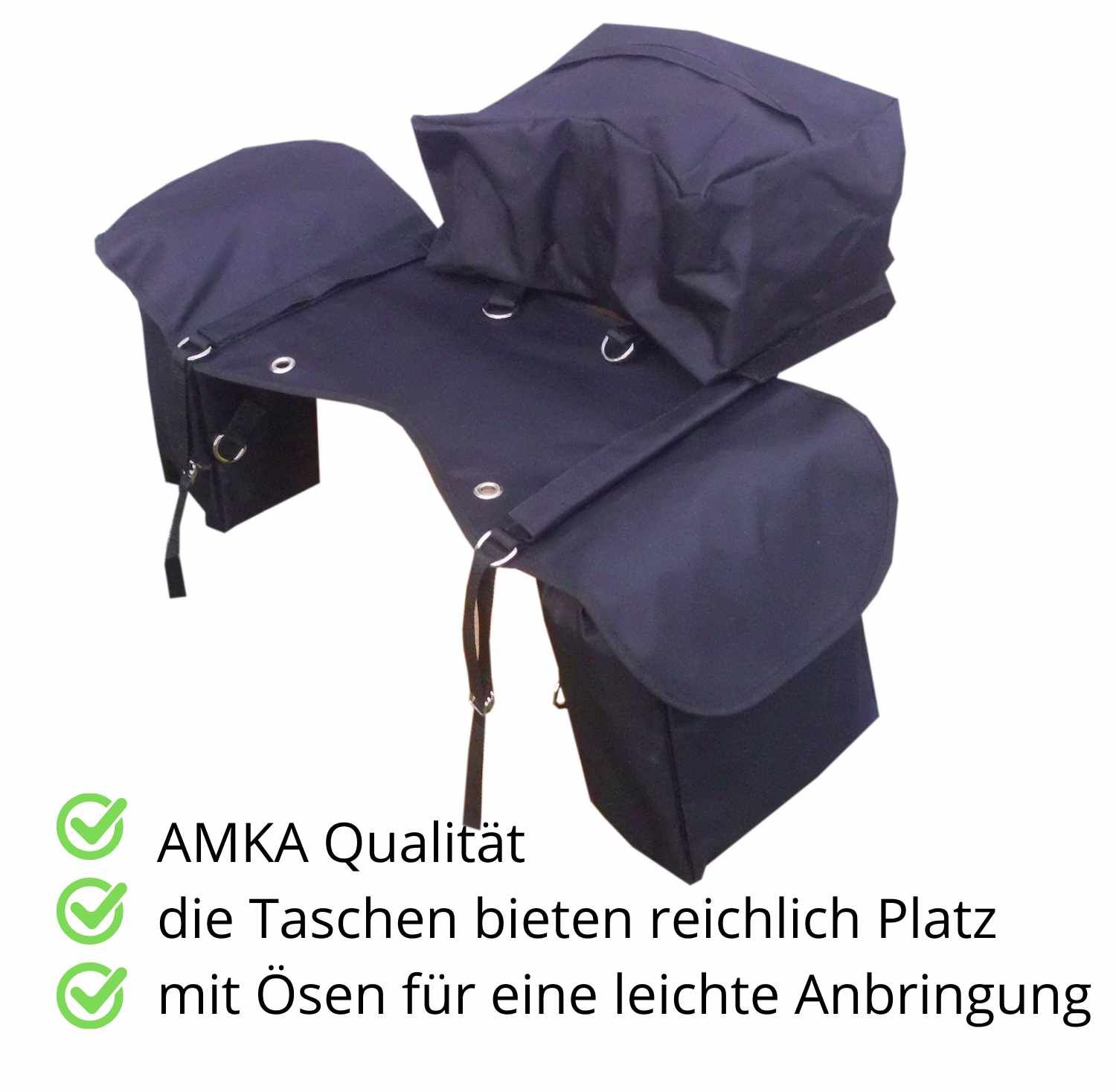 Schwarze Satteltaschen mit Ösen und Riemen. AMKA Qualität. Die Taschen bieten reichlich Platz.