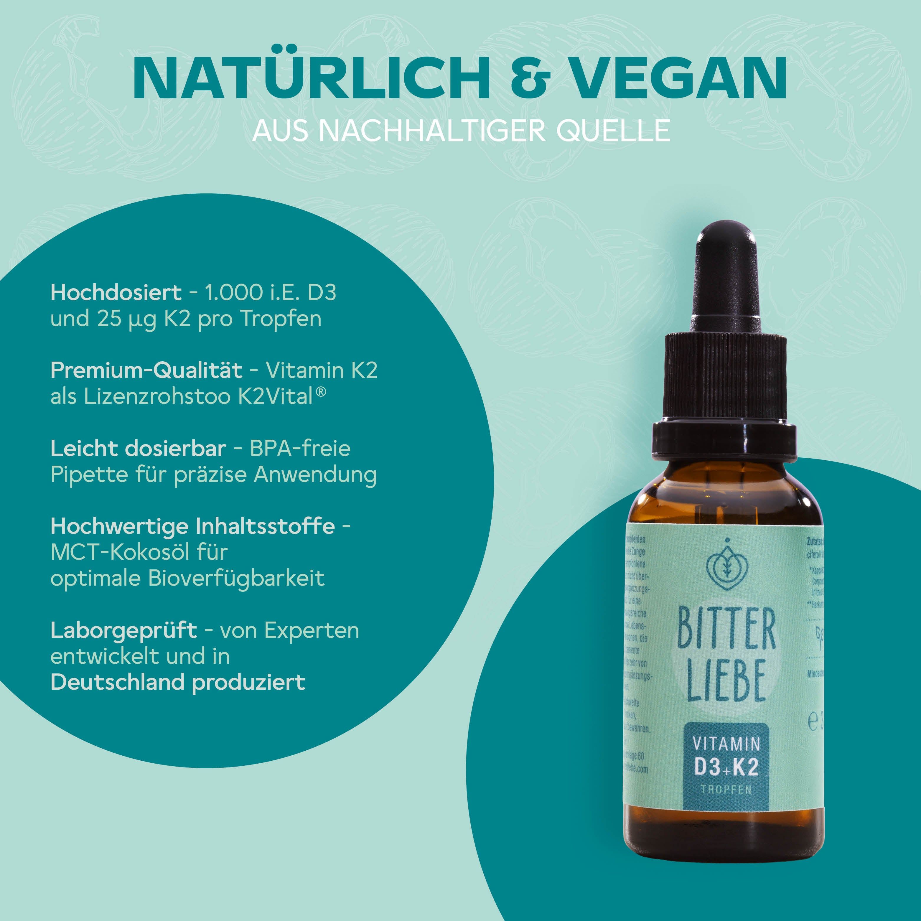 Braune Glasflasche mit Tropfer. Aufschrift: BitterLiebe Vitamin D3.K2 Tropfen. Text: Natürlich & Vegan, hochdosiert, Premium-Qualität, BPA-frei.