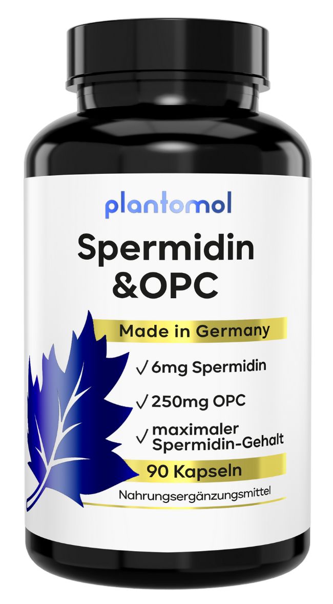 Schwarze Flasche mit weißen Etikett. Enthält Kapseln. Aufschrift: plantomol Spermidin & OPC, 6mg Spermidin, 250mg OPC, 90 Kapseln.