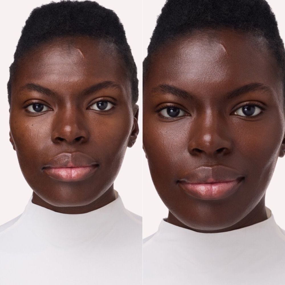 Vorher-Nachher-Vergleich. Frau mit und ohne getönte Feuchtigkeitspflege. Hautton dunkler. Deutliche Verbesserung des Hautbildes.