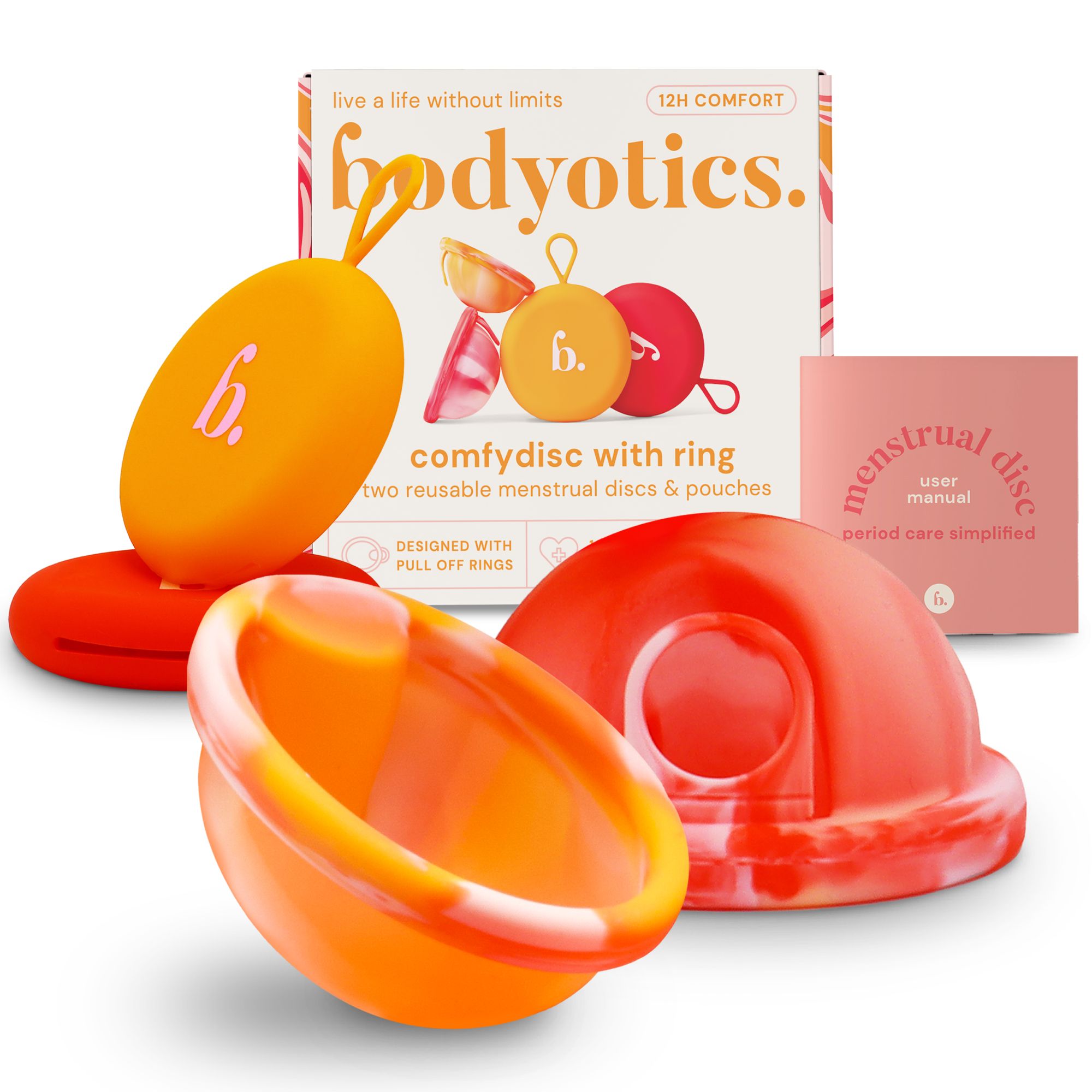 Bodyotics Menstruationsscheiben-Set mit zwei Scheiben (S/L) und Beuteln.