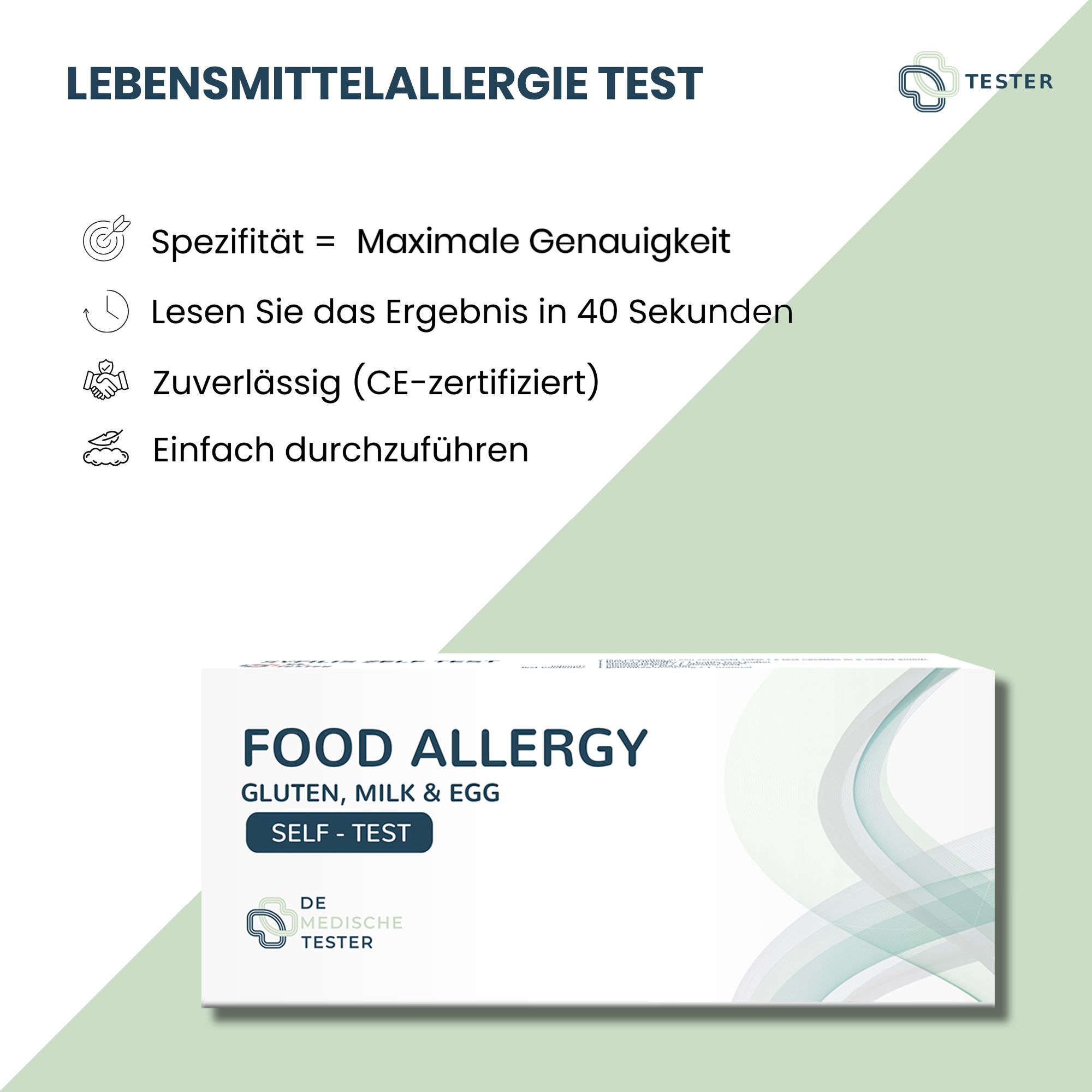 Text mit Informationen zum Lebensmittelallergie-Test. Text: Spezifität = Maximale Genauigkeit, Ergebnis in 40 Sekunden, zuverlässig (CE-zertifiziert).