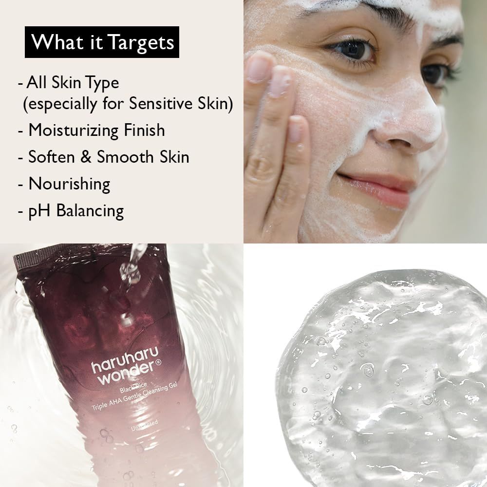 Collage: Frau reinigt Gesicht, Tube, Gel-Textur, Produktinformationen.