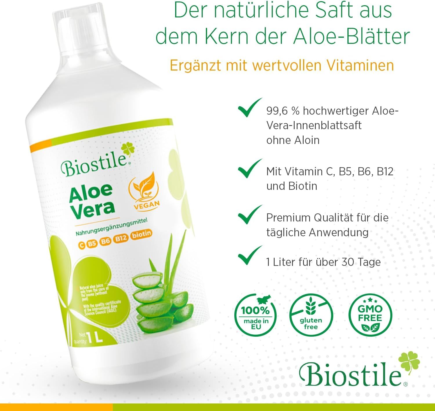 Biostile Aloe Vera Saftflasche, 1L, vegan, 100% made in EU.