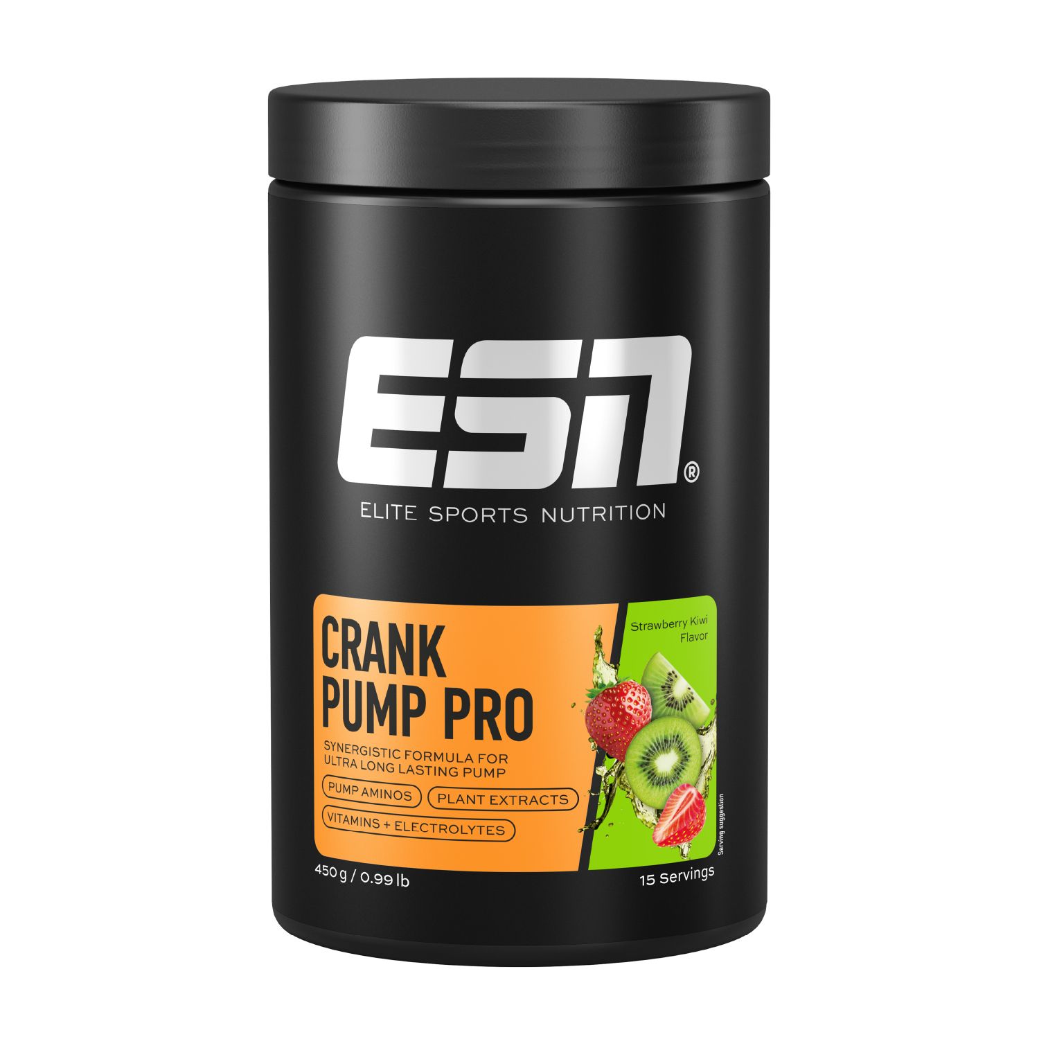 Schwarze Dose mit ESN-Logo und "Crank Pump Pro"-Etikett. Erdbeer-Kiwi-Geschmack, 15 Portionen.