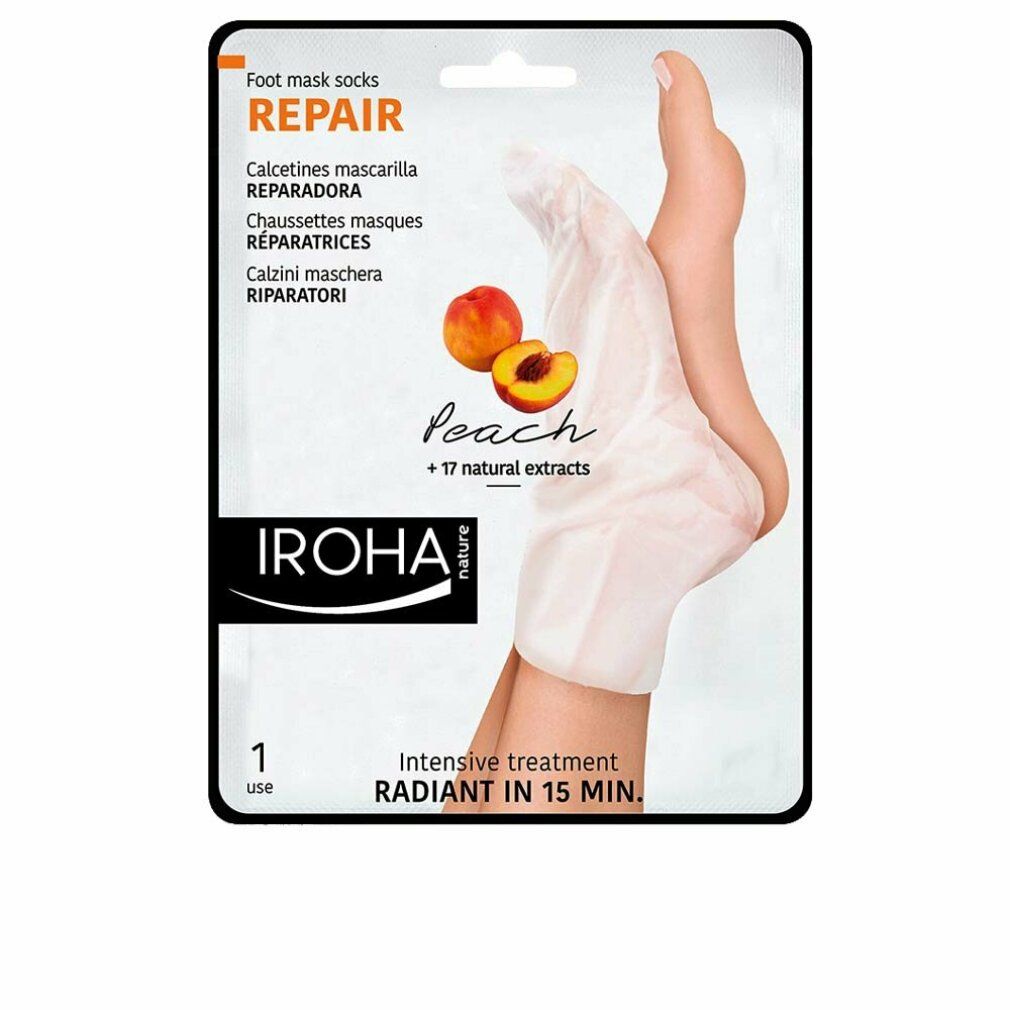 Fußmaske in Verpackung. Marke IROHA. Pfirsich-Motiv. Text: Repair, +17 natürliche Extrakte, Intensive Behandlung in 15 Min.