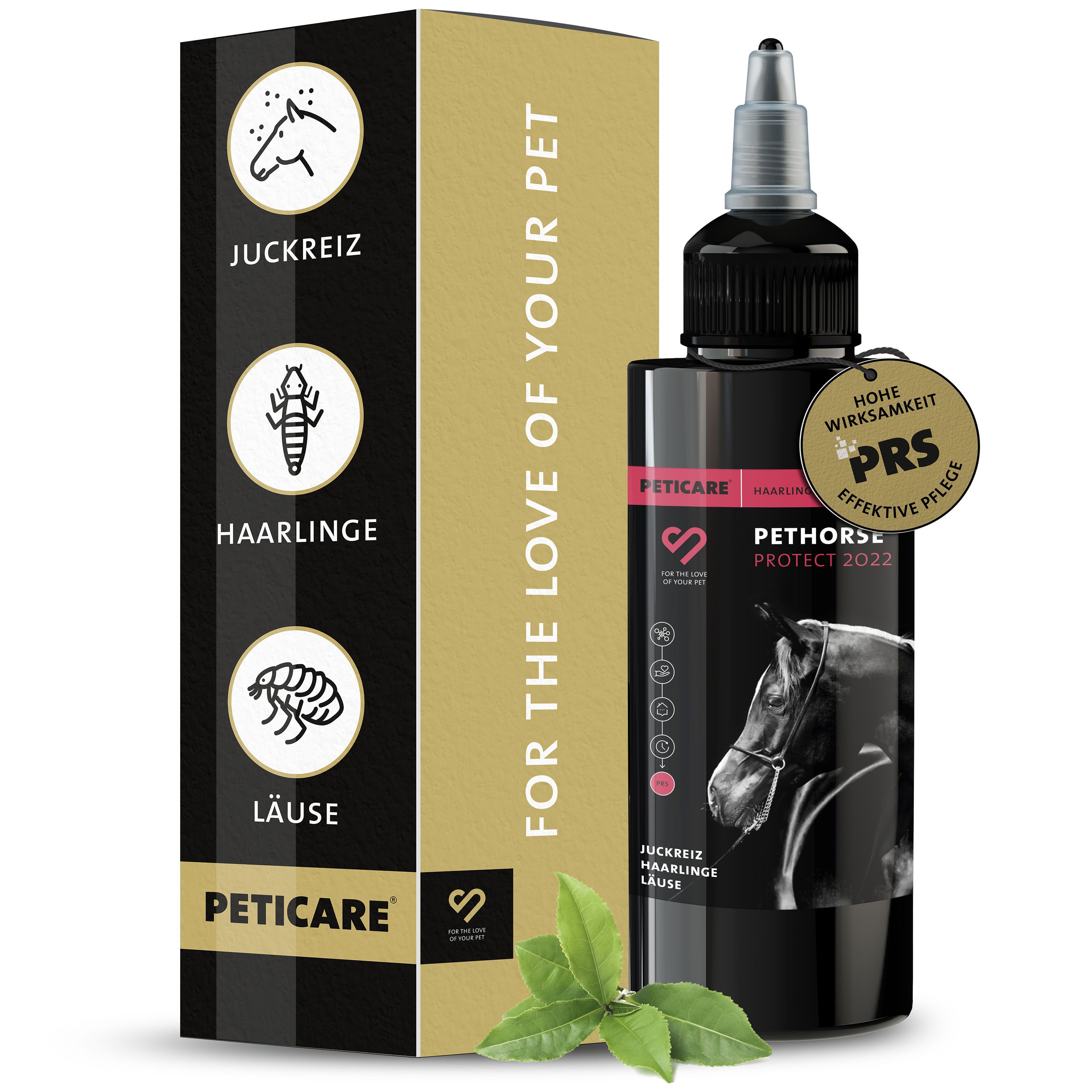 Produktverpackung mit Produktflasche und Karton. Auf dem Karton sind Icons von Pferd, Laus, Haarling und Juckreiz abgebildet.