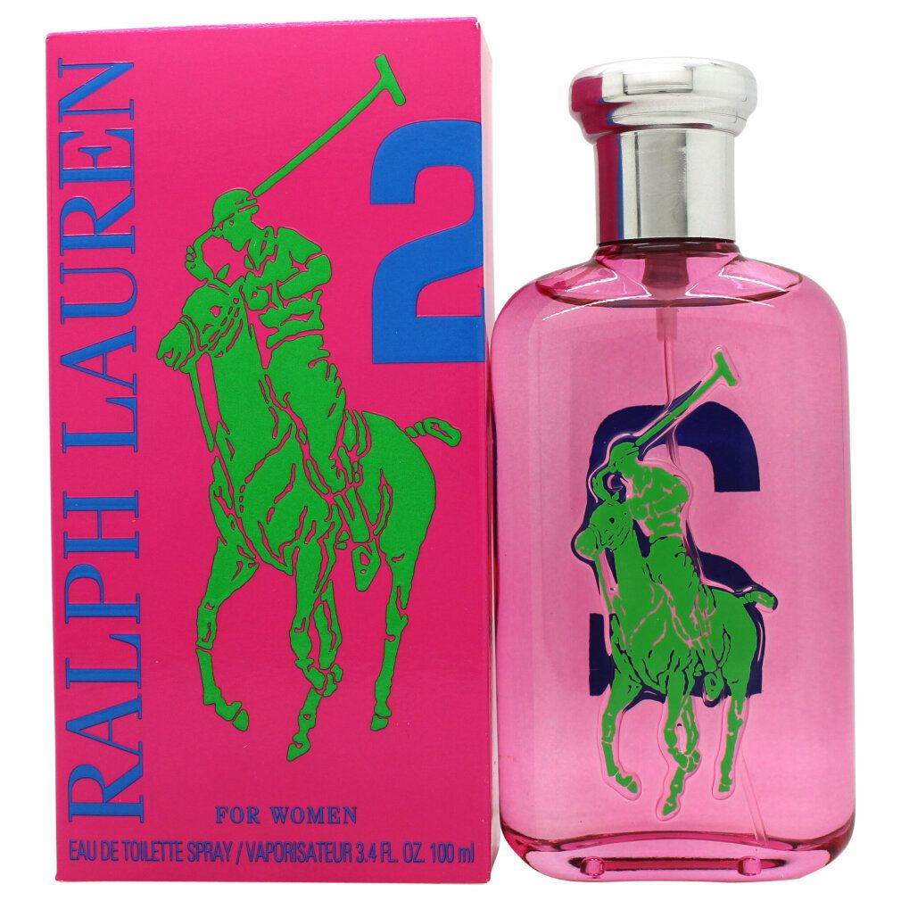 Rosa Flakon und pinkfarbene Verpackung. Grünes Reiter-Logo und blaue "2". Silberner Verschluss.