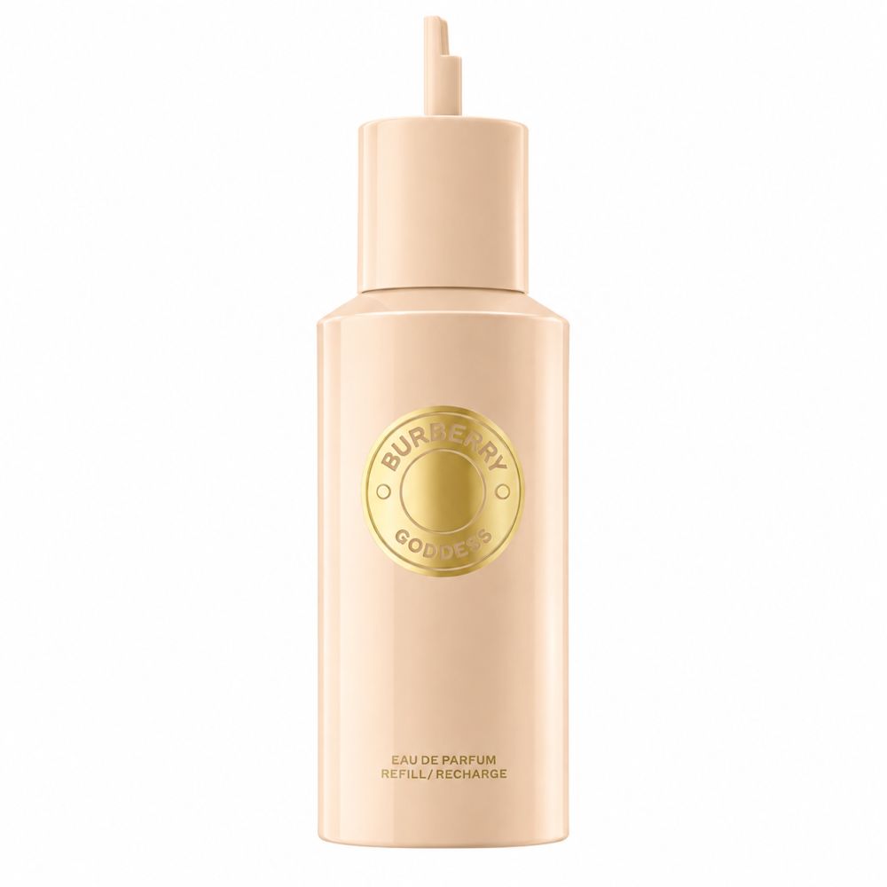 Beigefarbene Nachfüllflasche für Eau de Parfum mit goldfarbenem Kreis-Logo und Schriftzug.