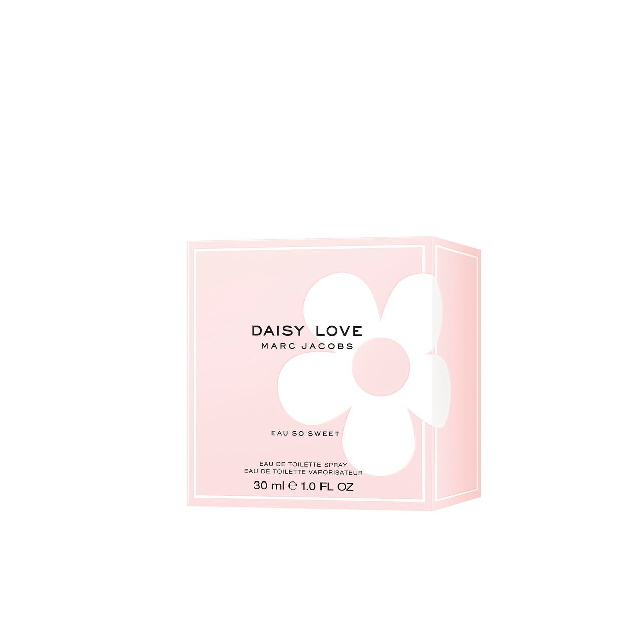 Rosa Schachtel mit weißer Blume. Aufschrift: Daisy Love Eau So Sweet. Aufschrift: Eau de Toilette Spray.