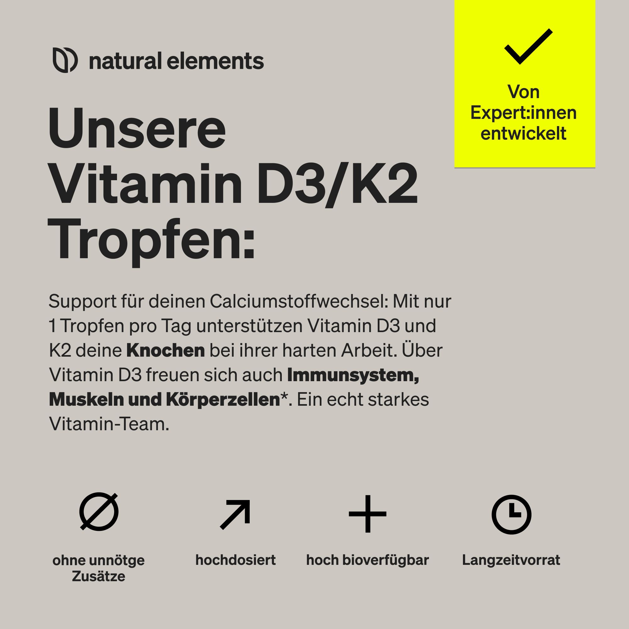 Text mit Produktinformationen. Enthält: Vitamin D3/K2 Tropfen. Ohne Zusätze, hochdosiert, hoch bioverfügbar, Langzeitvorrat.