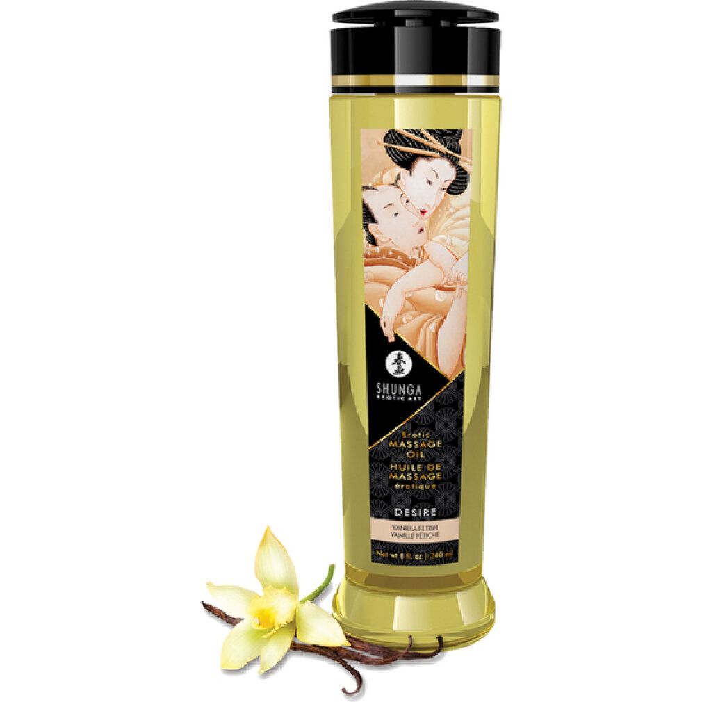 Flüssigkeit in einer Flasche mit schwarzem Deckel. Aufschrift: SHUNGA. Motiv: Paar. Daneben: Vanilleblüte und Schote.