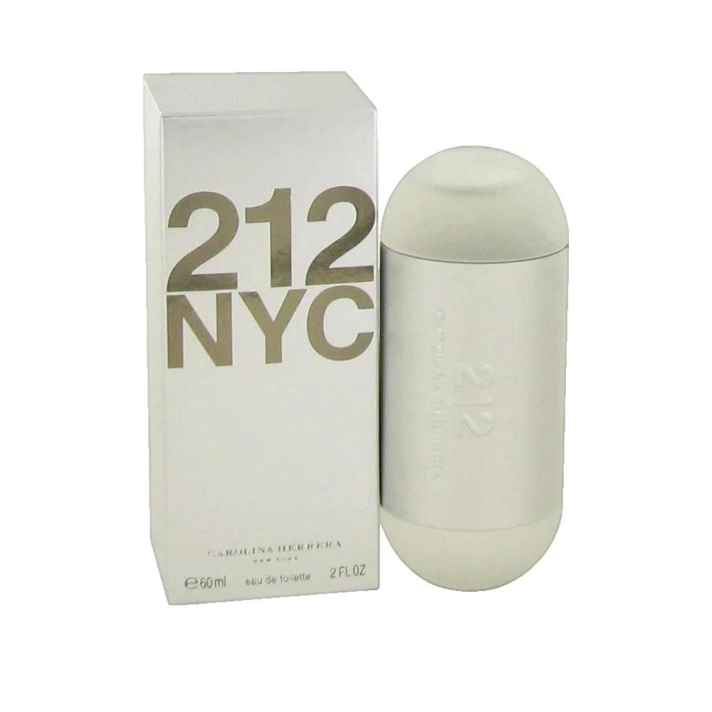 Parfümflasche und -verpackung. Silberne Flasche mit weißem Deckel. Weiße Schachtel mit Aufschrift 212 NYC.