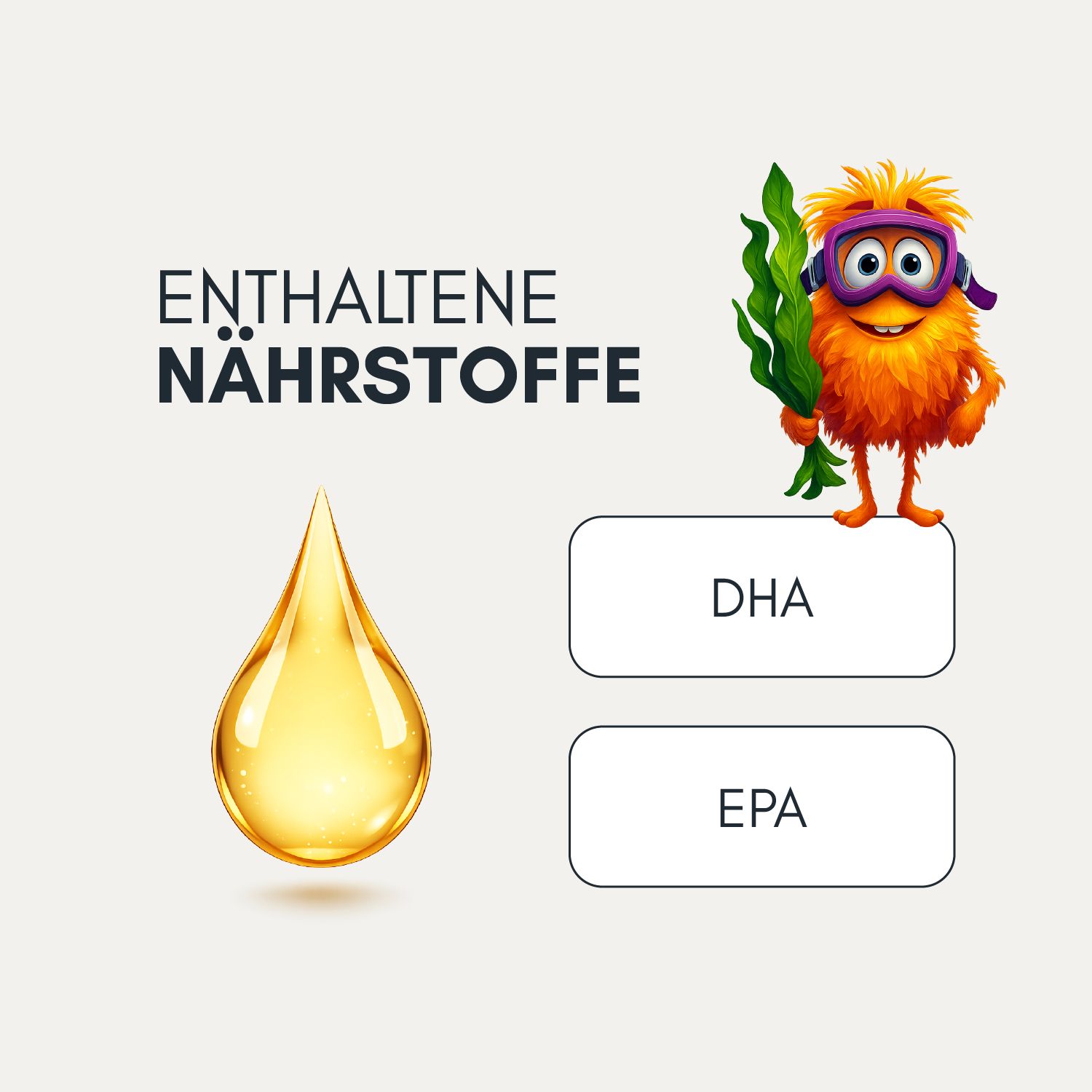 Gelber Tropfen neben Text: Enthaltene Nährstoffe. Unterhalb: DHA und EPA. Mit Illustration.