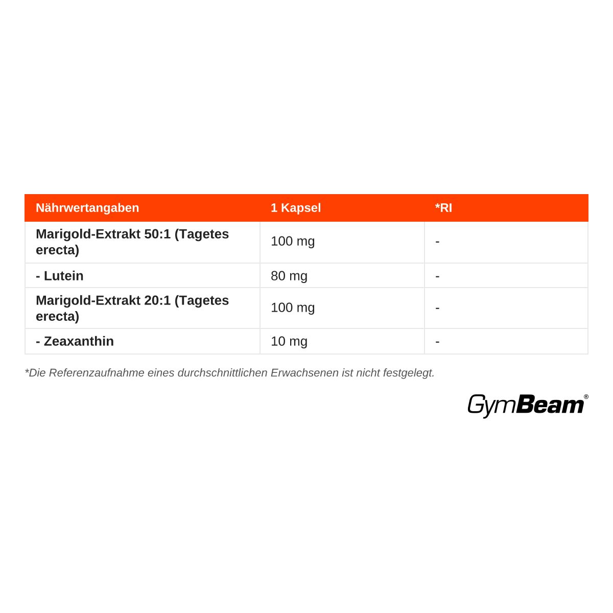 Nährwertangaben für GymBeam Lutein + Zeaxanthin Kapseln.