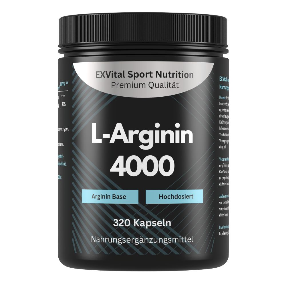 Schwarze Dose L-Arginin 4000. Text: 320 Kapseln, Arginin Base, hochdosiert. Nahrungsergänzungsmittel.