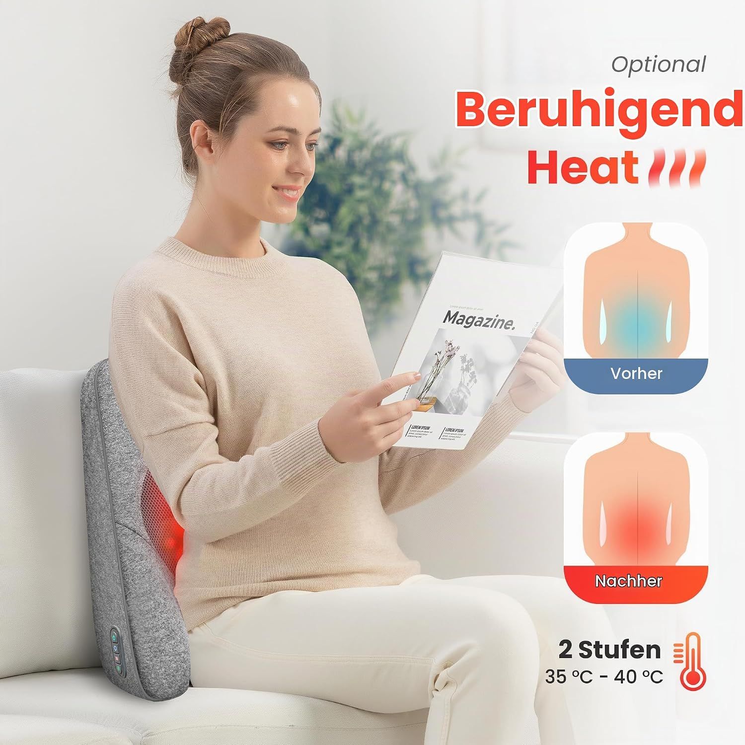 Graues Massagekissen mit integrierter Heizfunktion, 2 Wärmestufen von 35-40°C.
