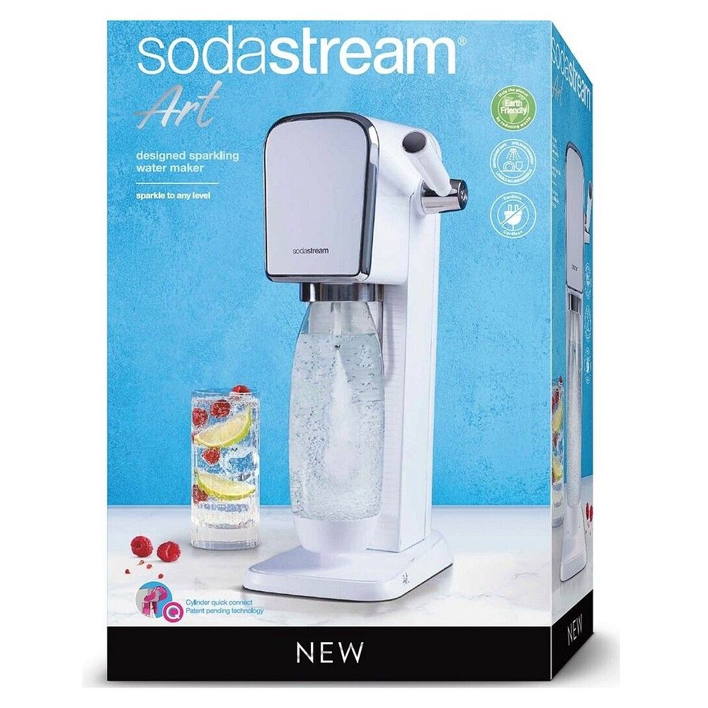 Verpackung des SodaStream Art weißen Wassersprudlers mit Glas und Früchten.