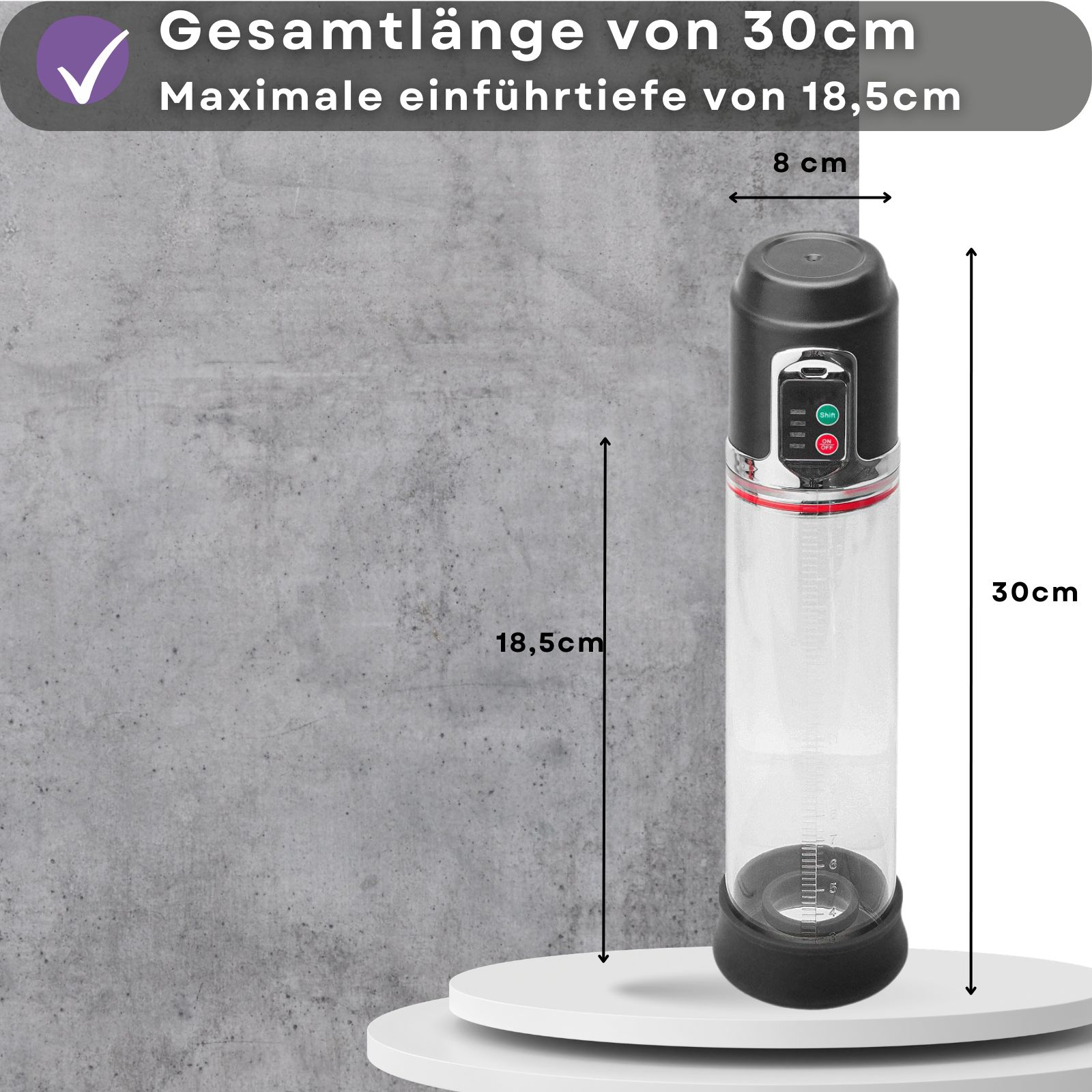 Penispumpe, 30cm lang, 8cm breit. Maximale Einführungstiefe 18,5cm. Schwarze Pumpe mit transparentem Zylinder.