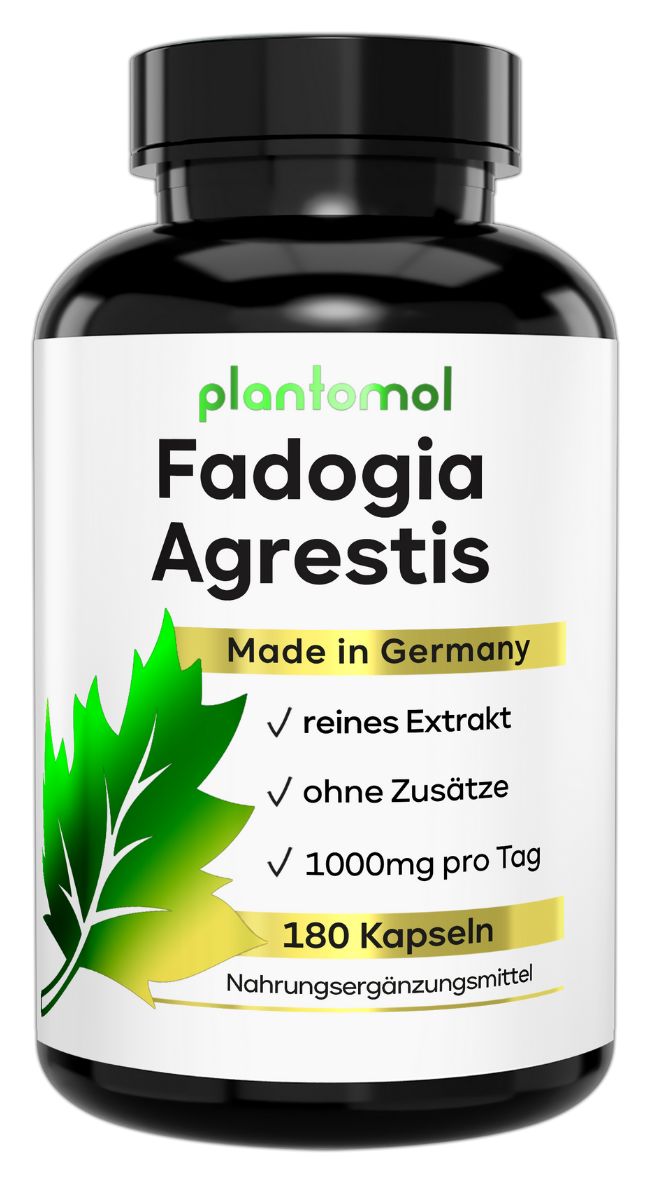 Flasche mit plantomol Fadogia Agrestis Kapseln. Enthält 180 Kapseln. Hergestellt in Deutschland. Ohne Zusätze.
