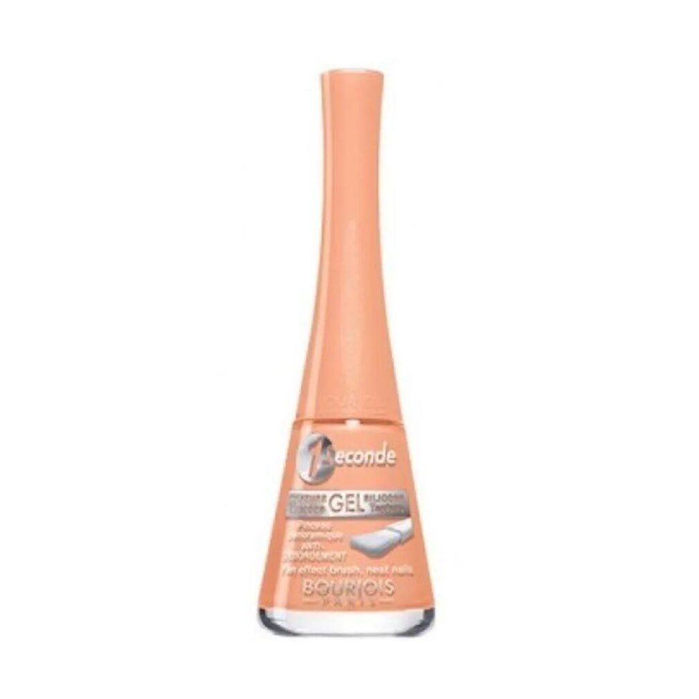 Nagellackflasche, Pfirsichfarbton, spitz zulaufend. Aufschrift: 1 Seconde, Gel, Bourjois Paris.