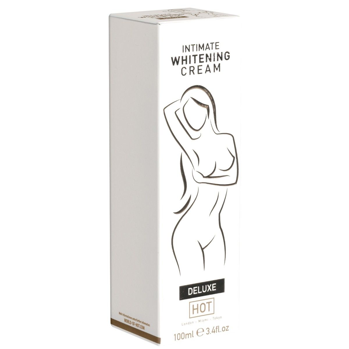 Schachtel. Aufschrift: Intimate Whitening Cream deluxe HOT. Abbildung einer Frau. 100ml.