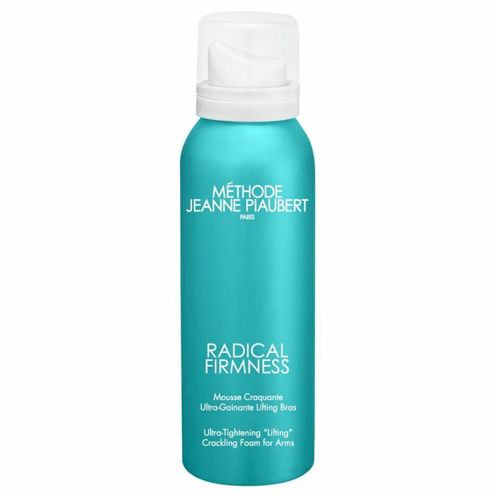 Türkisgrüne Flasche mit weißem Pumpkopf. Aufschrift: MÉTHODE JEANNE PIAUBERT, RADICAL FIRMNESS, Mousse craquante, Ultra-gaine lifting bras, Ultra-tightening "lifting" cracking foam for arms.