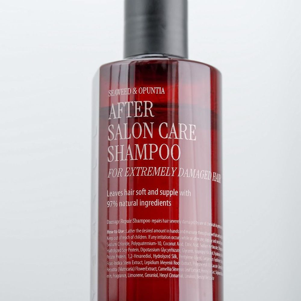 Nahaufnahme einer braunen Shampoo-Flasche mit weißer Schrift. Text: After Salon Care Shampoo für extrem geschädigtes Haar.