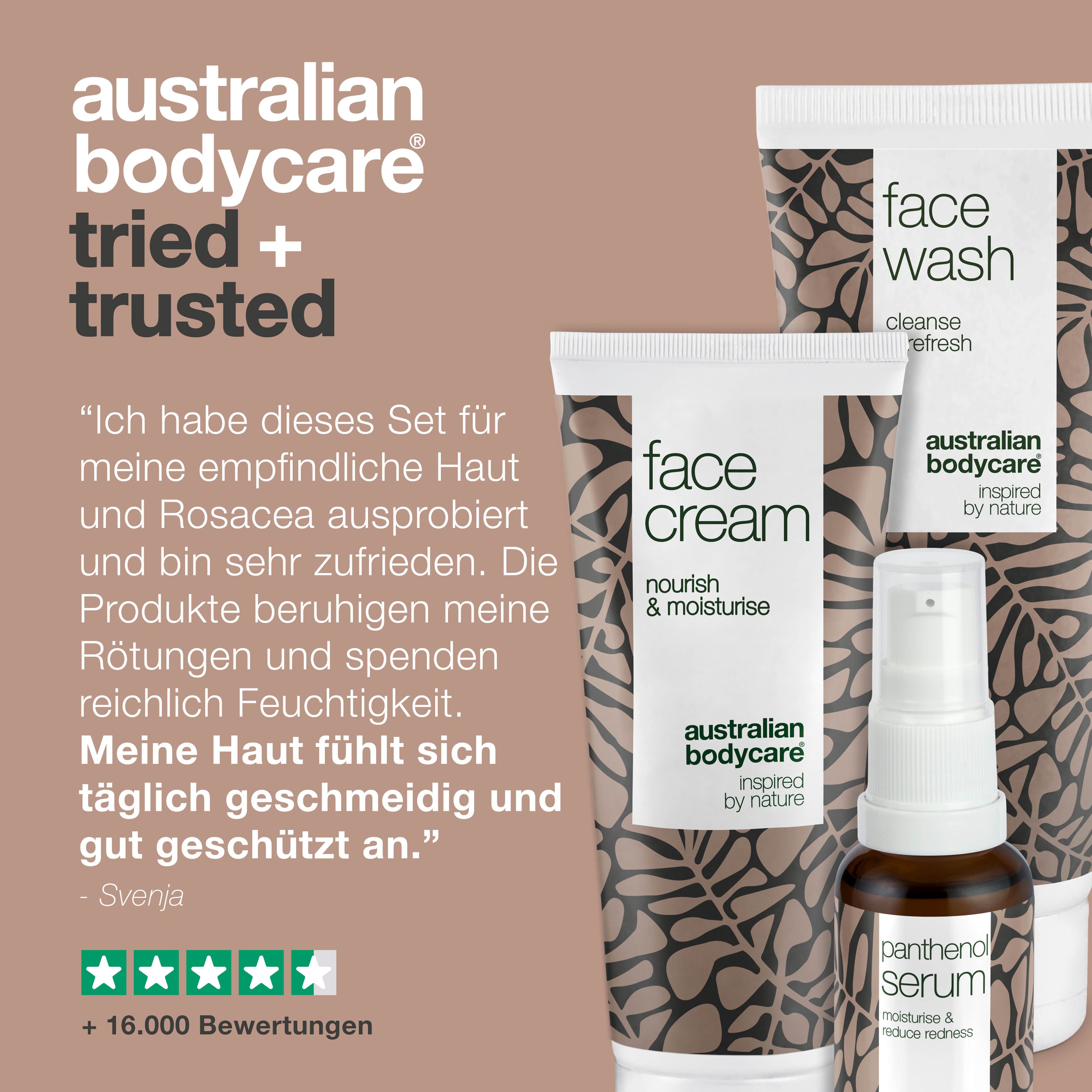 Drei Produkte: Face Wash, Face Cream und Serum. Text: Erfahrungsbericht, Bewertungen. Marke: Australian Bodycare.