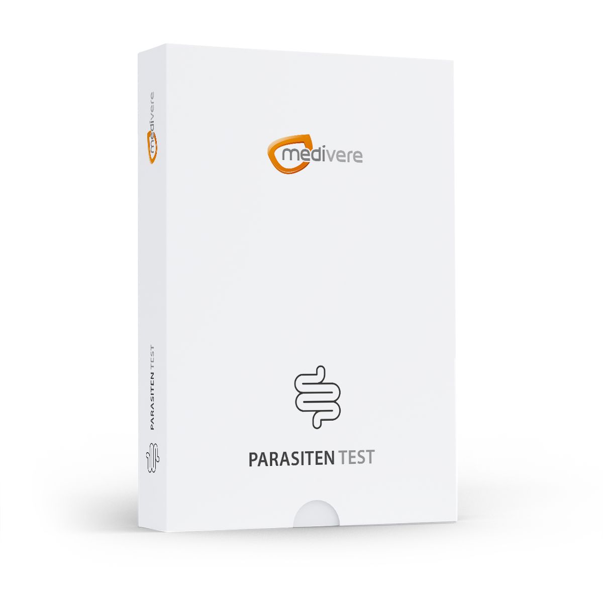 Weiße Produktverpackung mit "medivere" Logo und "Parasiten Test" Schriftzug. Darm-Symbol.