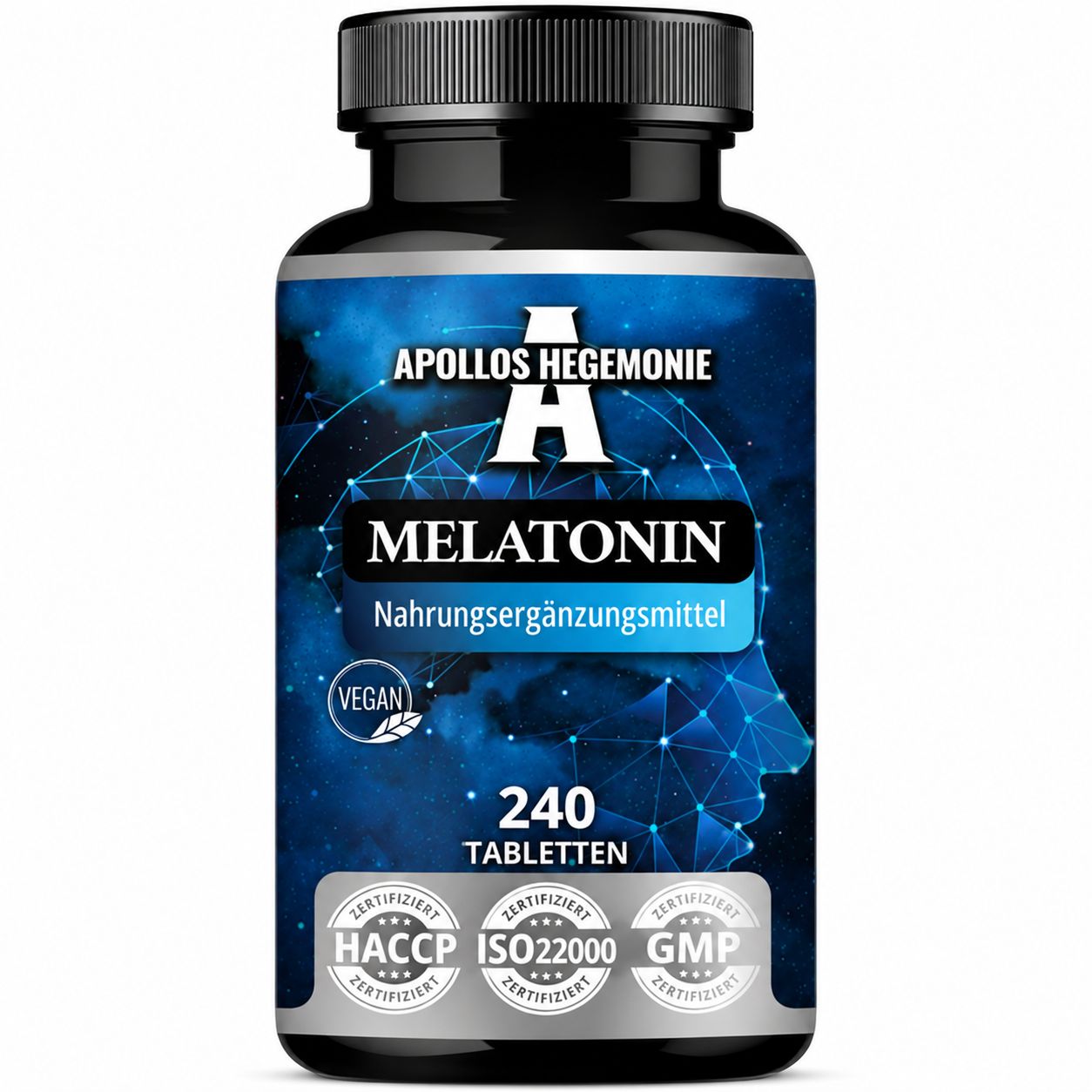 Flasche mit Melatonin-Nahrungsergänzungsmittel, 240 vegane Tabletten, 0,5 mg pro Tablette. HACCP, ISO22000, GMP zertifiziert.