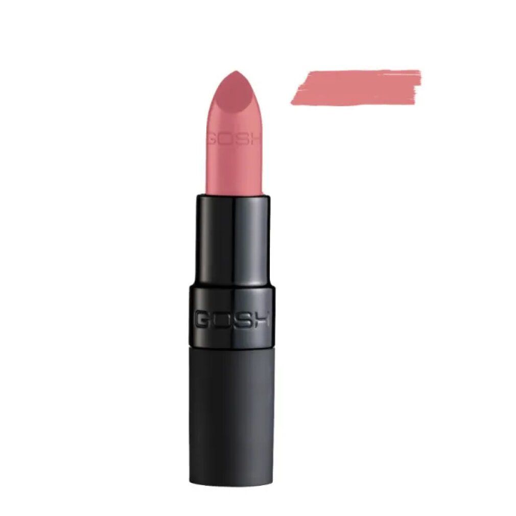 Lippenstift, rosa, mit schwarzem Gehäuse und Farbmuster. Marke GOSH.