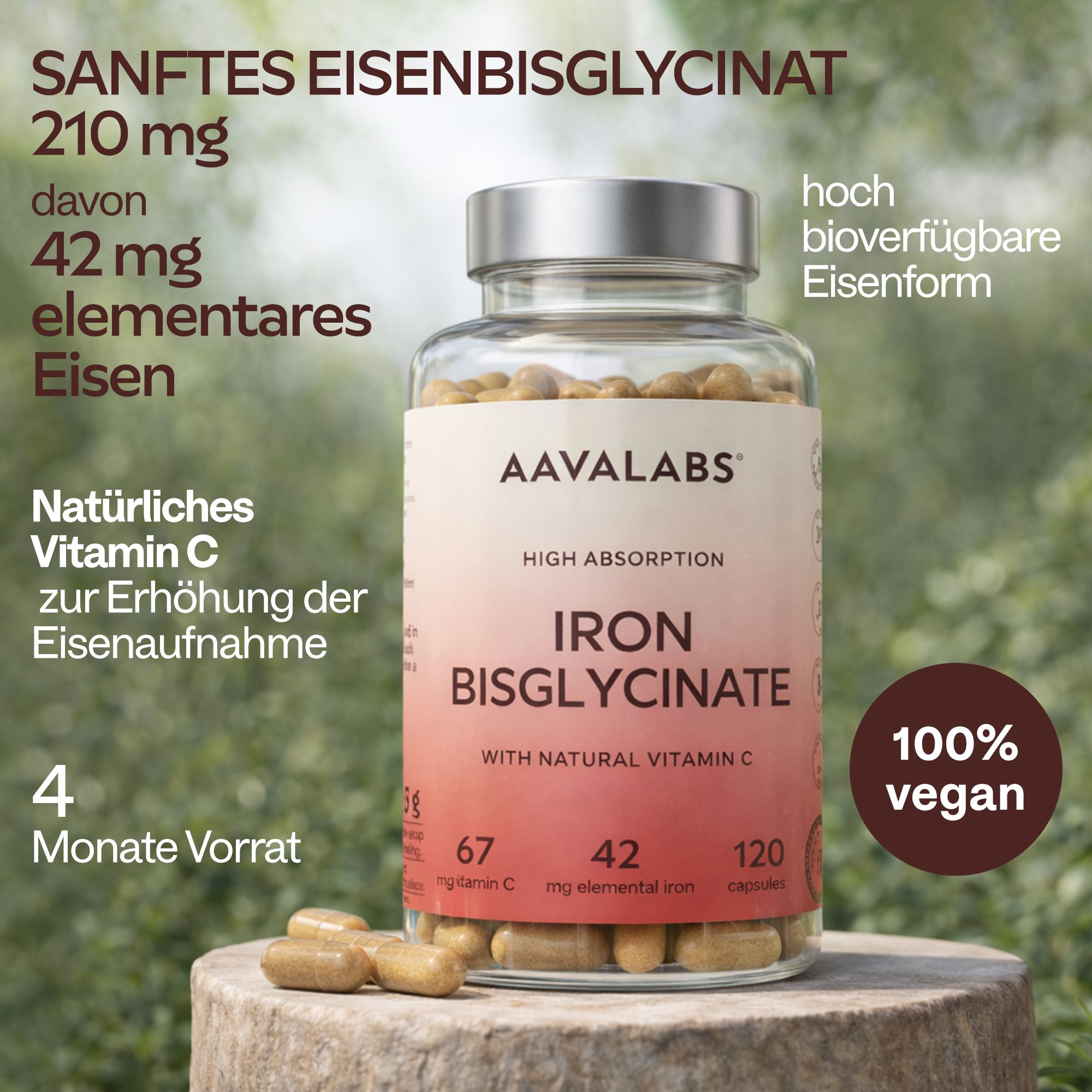 Flasche Aavalabs Eisenbisglycinat auf Baumstumpf, mit Text über Vorteile.