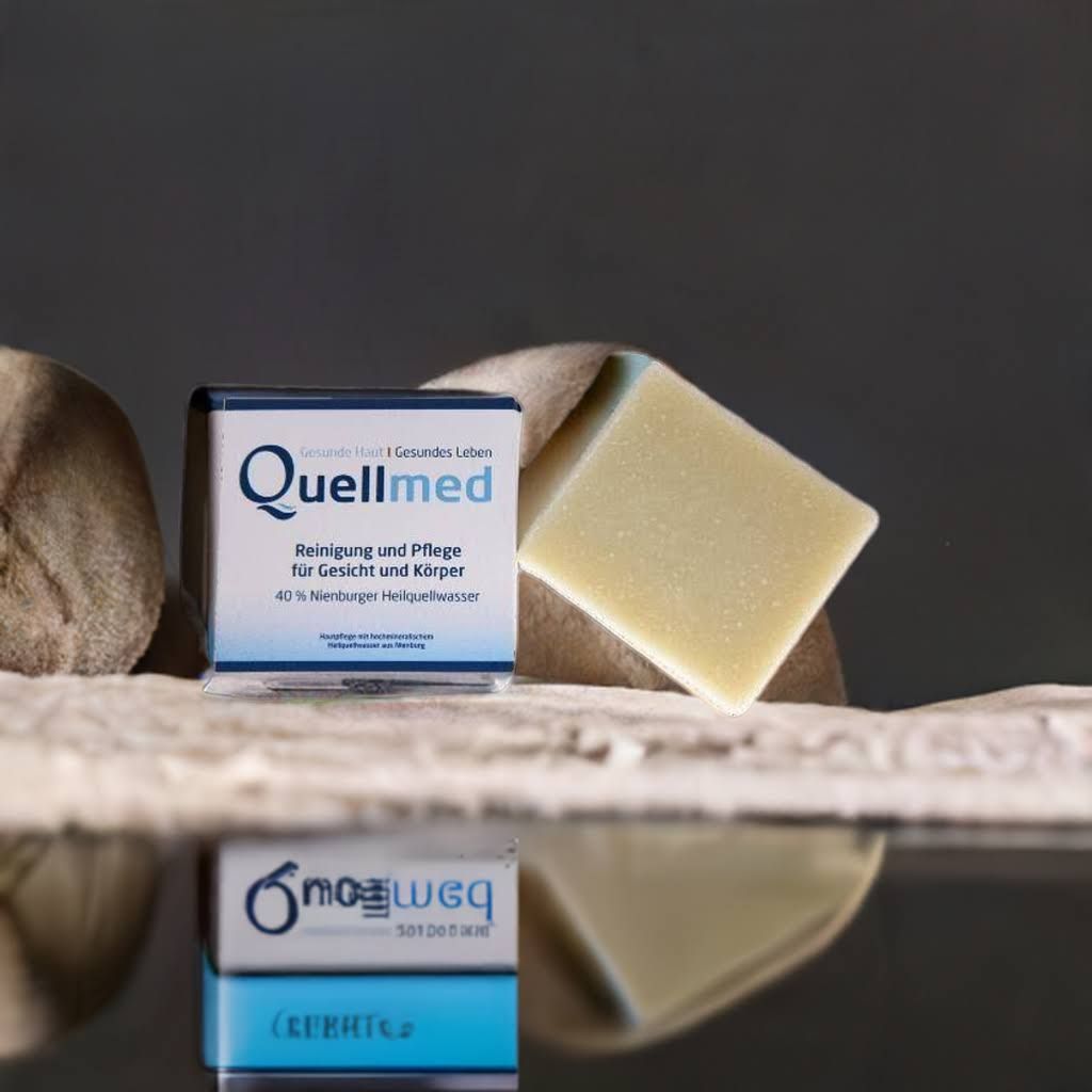 Quellmed-Produkt und Box auf einem Tuch. Box mit Logo und Text. Aufschrift: Reinigung und Pflege für Gesicht und Körper.