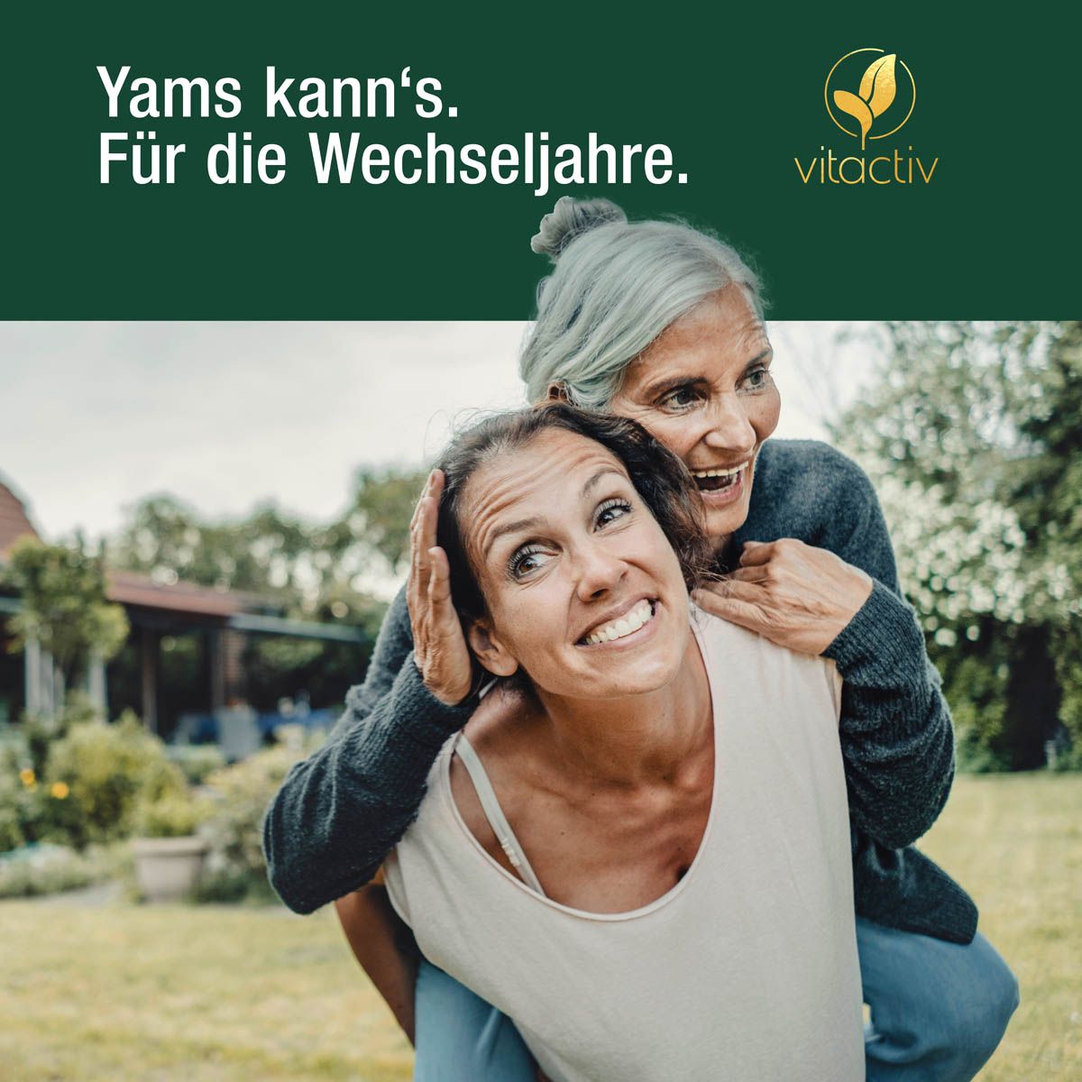 Zwei Frauen lachen. Text: Yams kann's. Für die Wechseljahre.