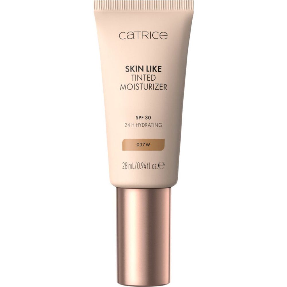 Beige Tube mit Produktnamen und Details. Aufschrift: Catrice, Skin Like Tinted Moisturizer, SPF 30, 24 H Hydrating, Farbton 037W.