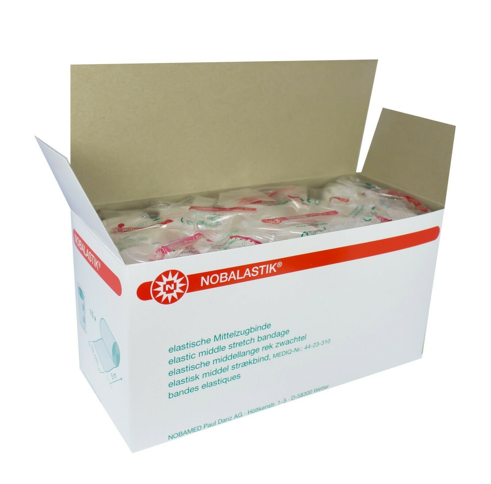 Geöffnete Kartonverpackung mit vielen einzeln verpackten Binden. Aufdruck: NOBALASTIK. Text: elastische Mittelzugbinde.