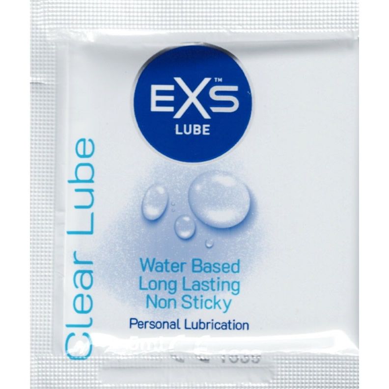Sachet mit "EXS Lube". Blaue Kreis mit Logo. Text: Water Based, Long Lasting, Non Sticky, Personal Lubrication. "Clear Lube" Text.