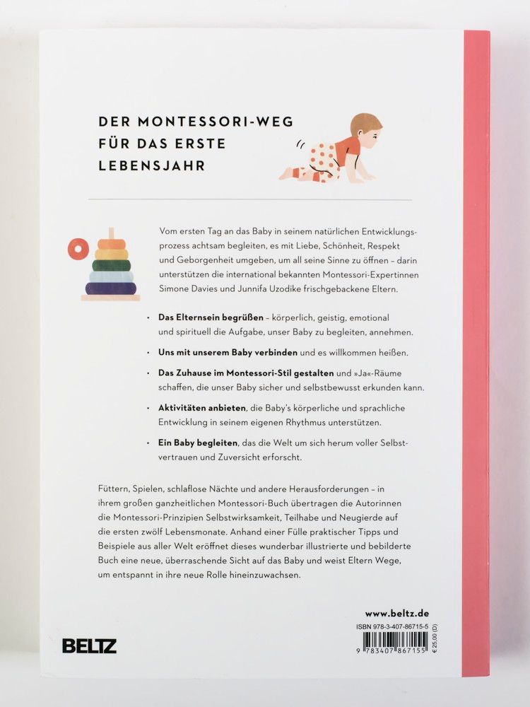 Buchrückseite: "Der Montessori-Weg für das erste Lebensjahr". Text, Illustration, Verlag BELTZ.