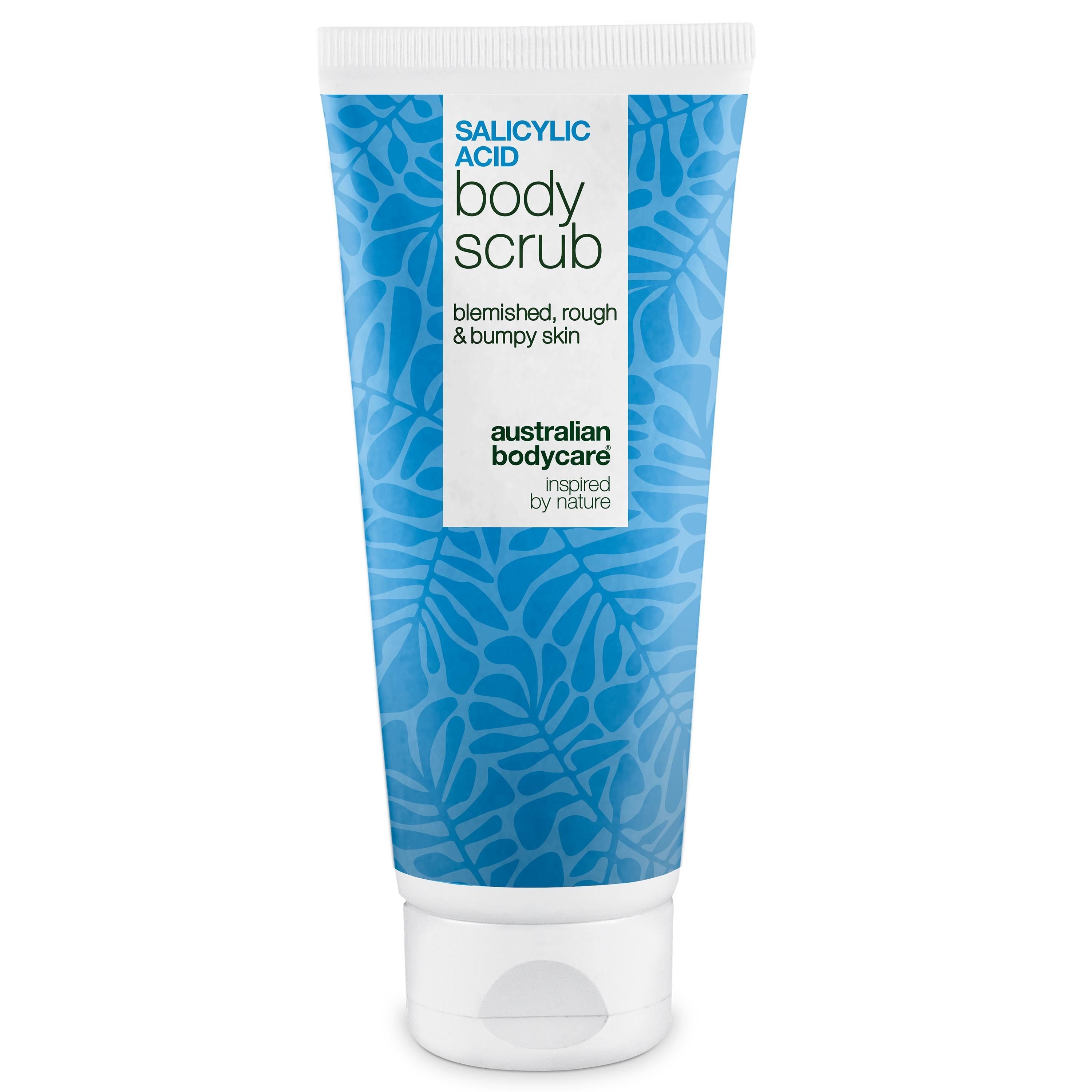 Tube mit Salicylsäure Body Scrub. Blau-weißes Design mit Blättern. Marke: Australian Bodycare.