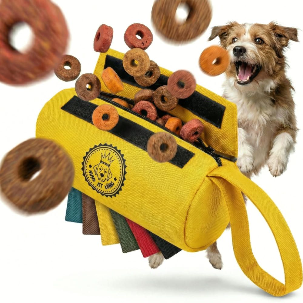 Gelber Futterbeutel mit Handschlaufe, gefüllt mit Hundefutter. Ein Hund springt daneben. Auf dem Beutel ist ein Logo.