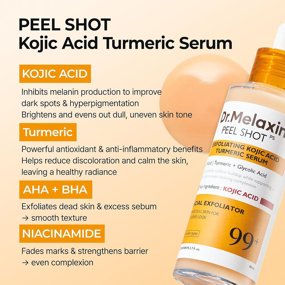 Serumflasche mit Text auf orangefarbenem Hintergrund. Text: Peel Shot Kojic Acid Turmeric Serum. Inhaltsstoffe und Vorteile.