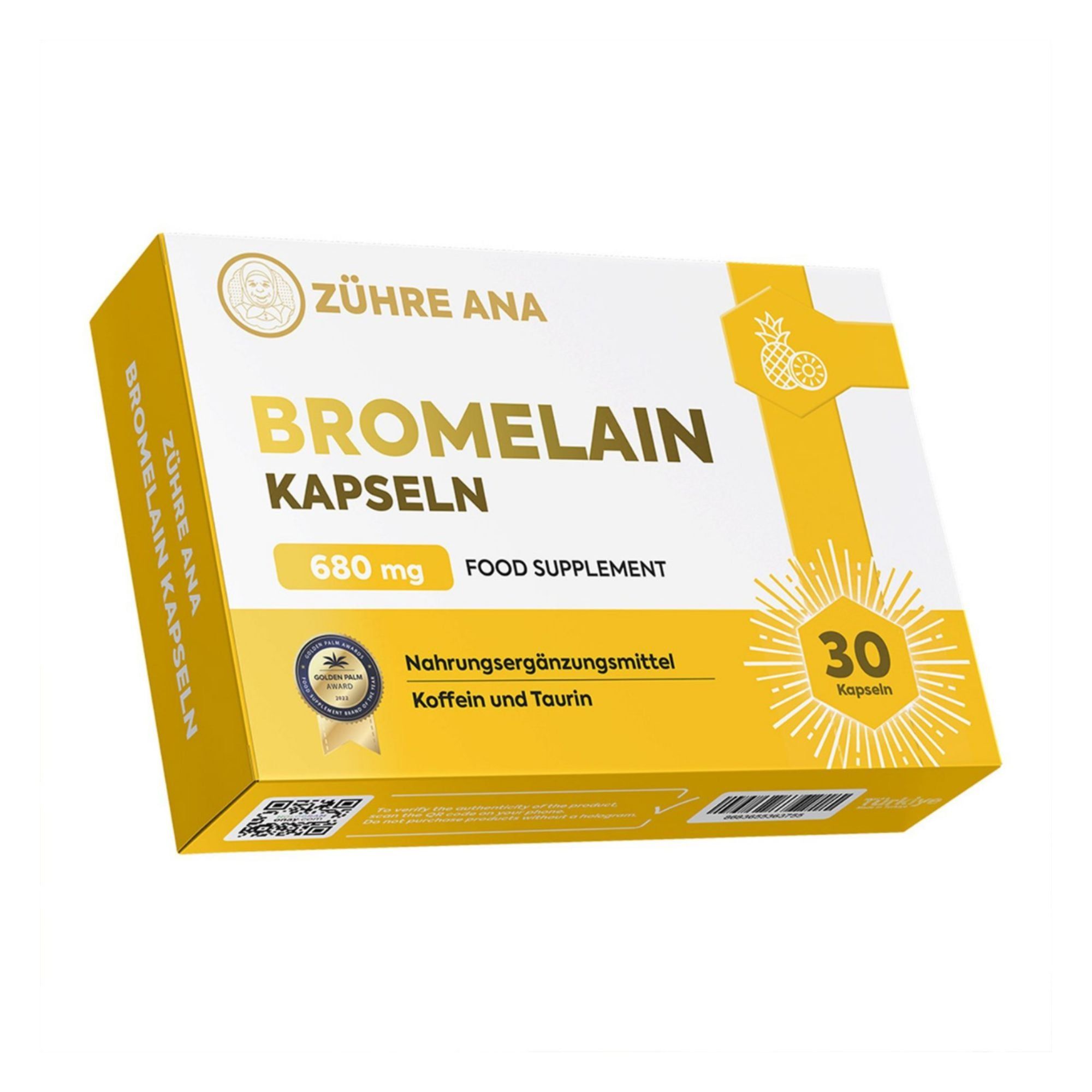 Verpackung für Bromelain Kapseln, 680 mg, 30 Kapseln, mit Koffein und Taurin.