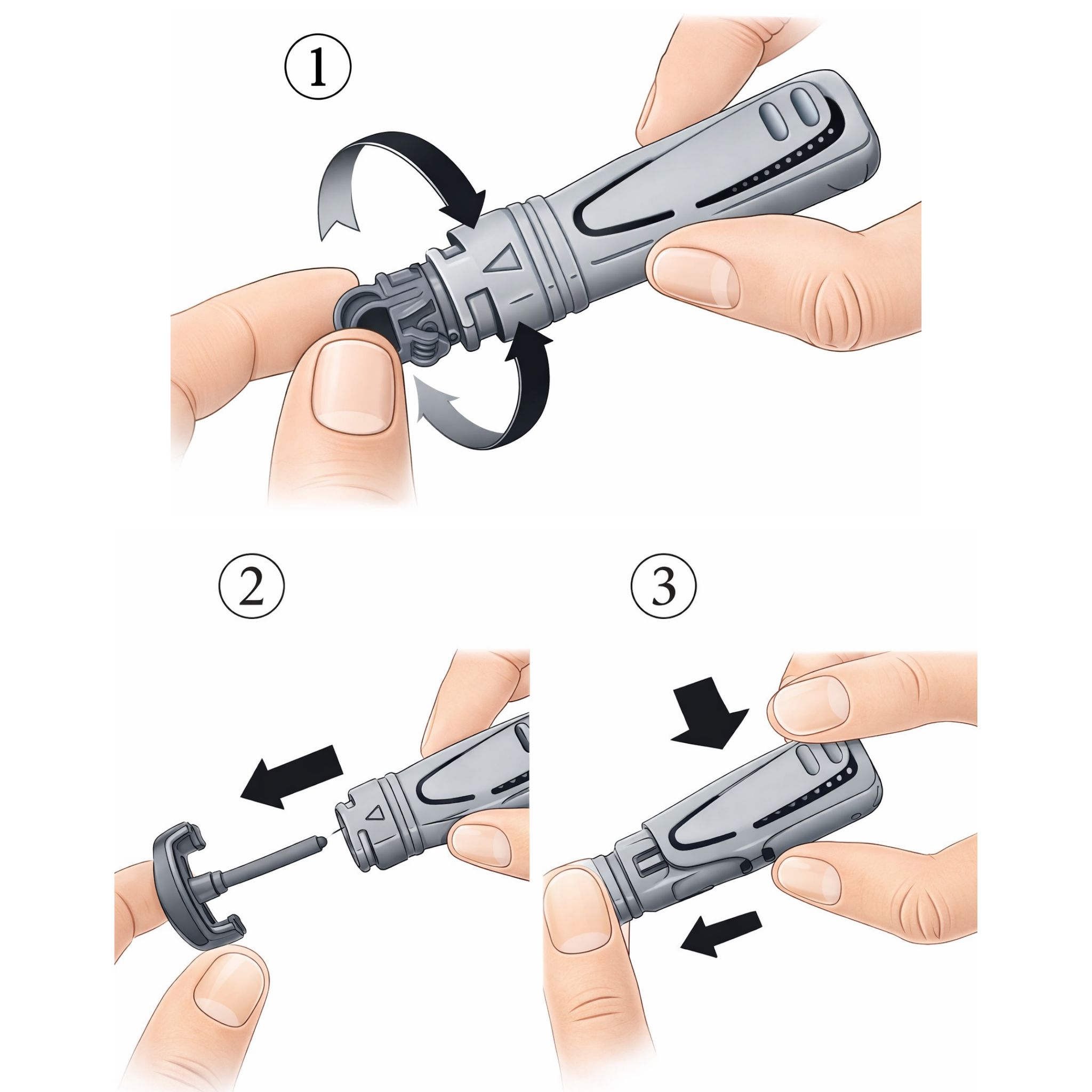 Anleitung zur Verwendung einer Lanzette. Schritte 1-3: Öffnen, Einstechen, Blutentnahme.